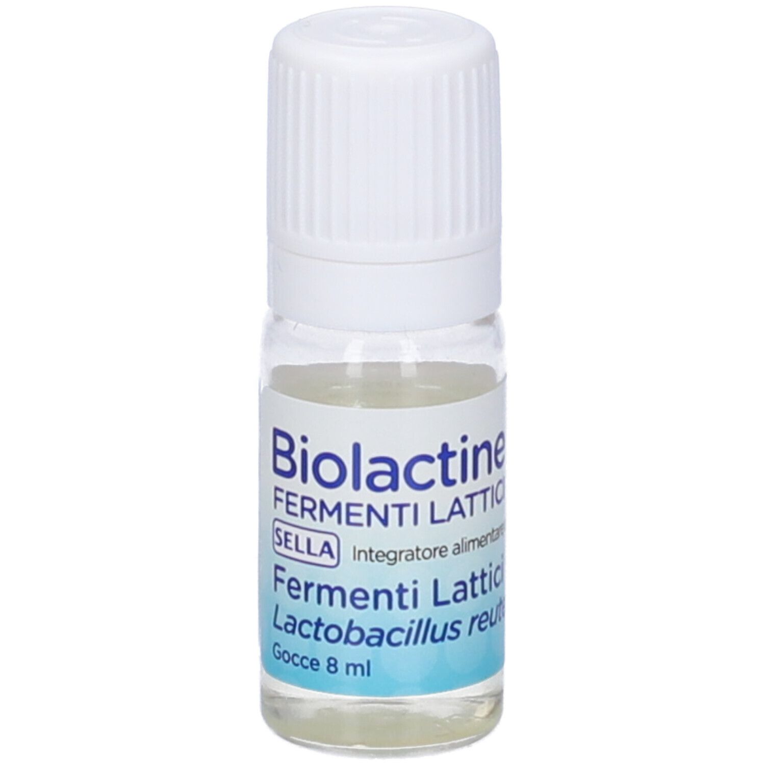 Piccola bottiglia di vetro con tappo a vite bianco. Etichetta con il nome del prodotto Biolactine, Fermenti Lattici e altre informazioni.
