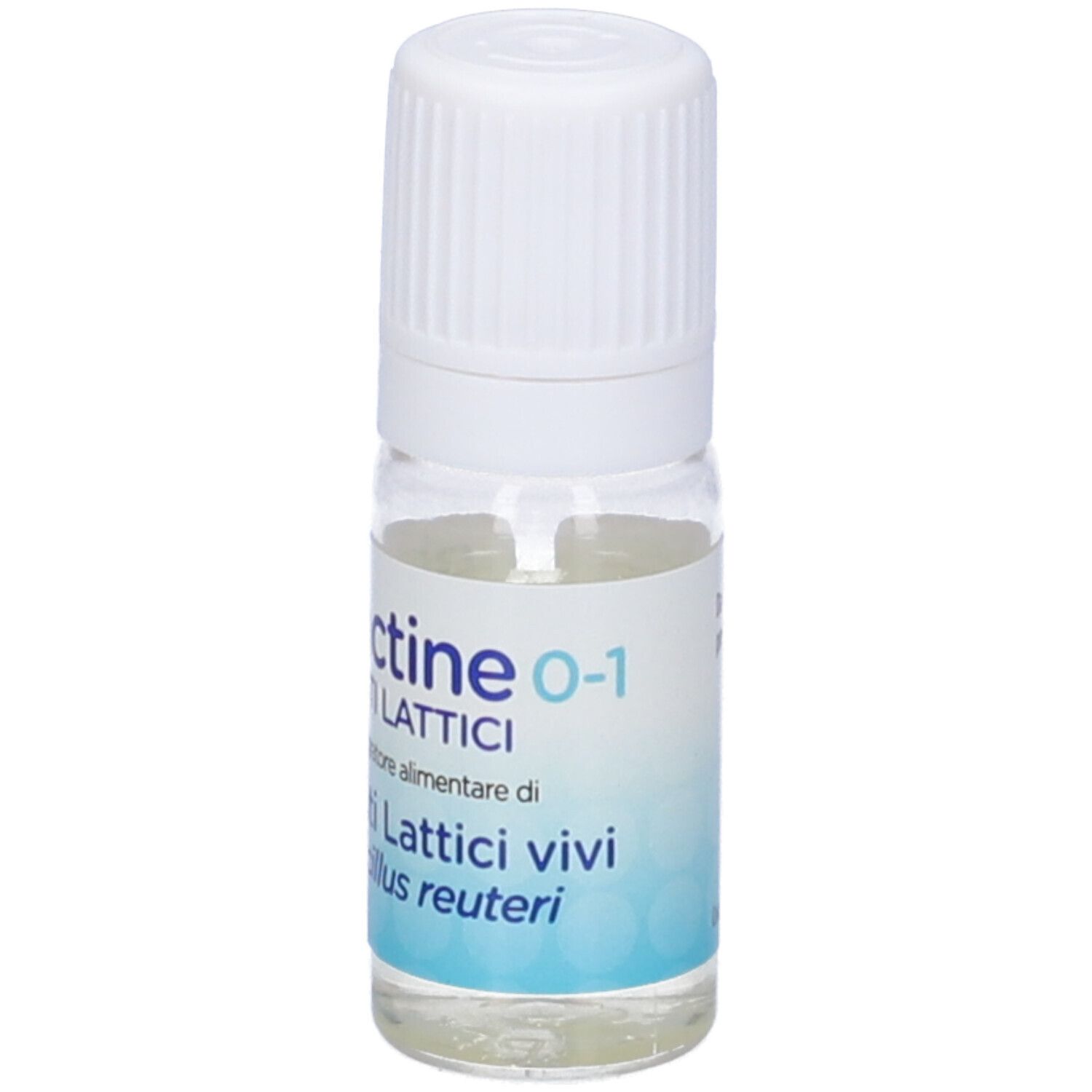 Piccola bottiglia di vetro con tappo a vite bianco. Etichetta con il nome del prodotto Biolactine 0-1, Fermenti Lattici e altre informazioni.