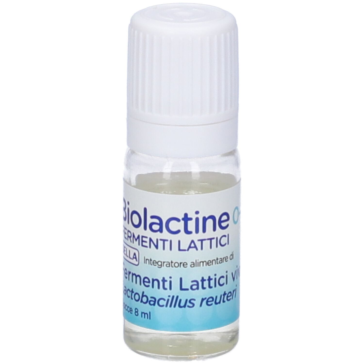 Piccola bottiglia di vetro con tappo a vite bianco. Etichetta con il nome del prodotto Biolactine, Fermenti Lattici e altre informazioni.