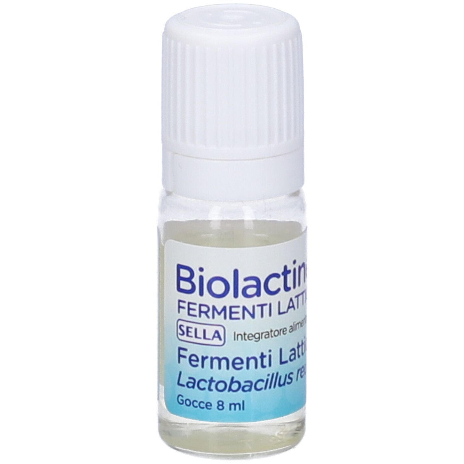 Piccola bottiglia di vetro con tappo a vite bianco. Etichetta con il nome del prodotto Biolactine, Fermenti Lattici e altre informazioni.