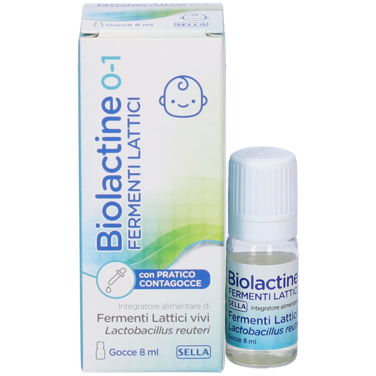 Confezione del prodotto e flacone. La confezione mostra il nome del prodotto Biolactine 0-1, Fermenti Lattici e un simbolo di bambino.