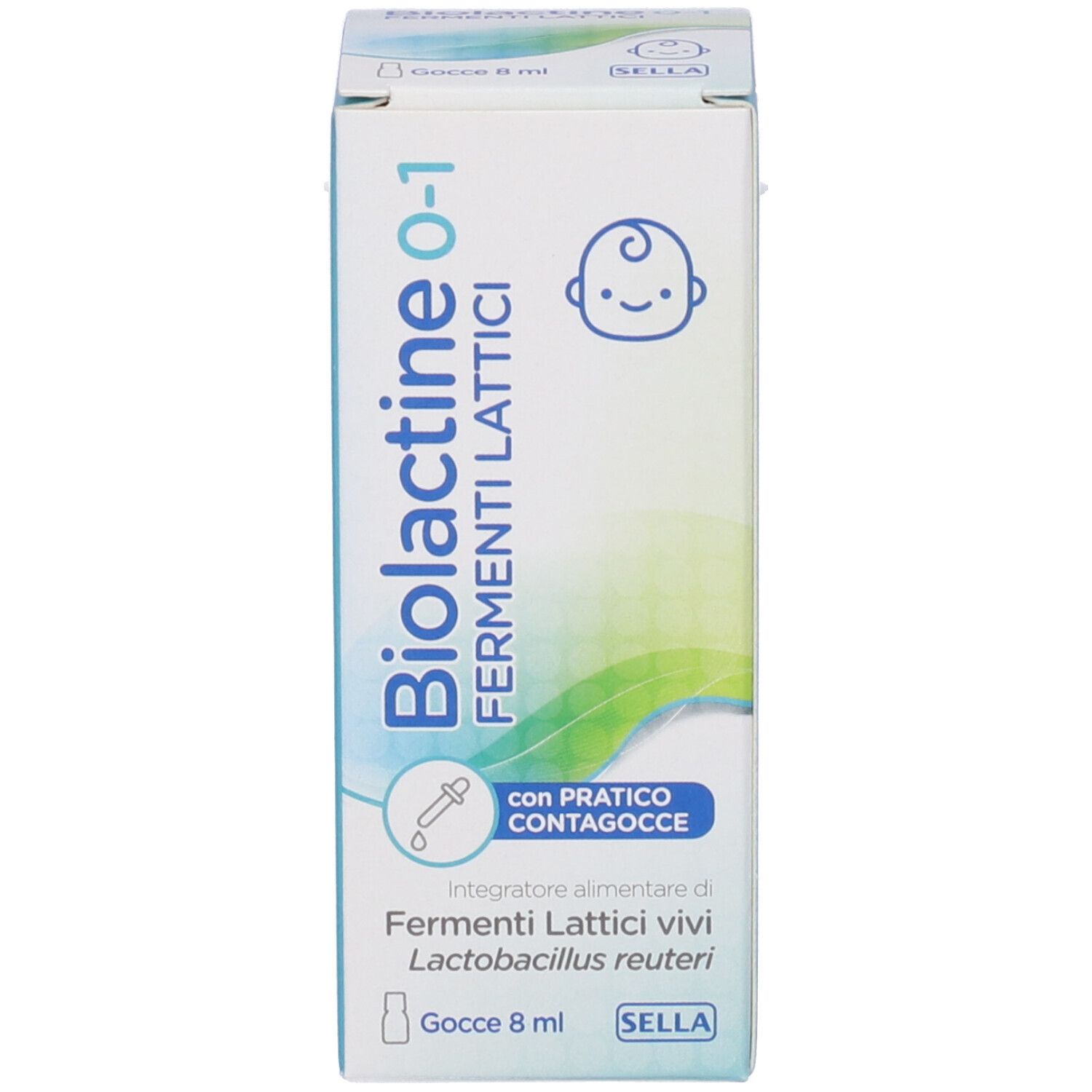 Confezione del prodotto. La confezione mostra il nome del prodotto Biolactine 0-1, Fermenti Lattici e un simbolo di bambino.