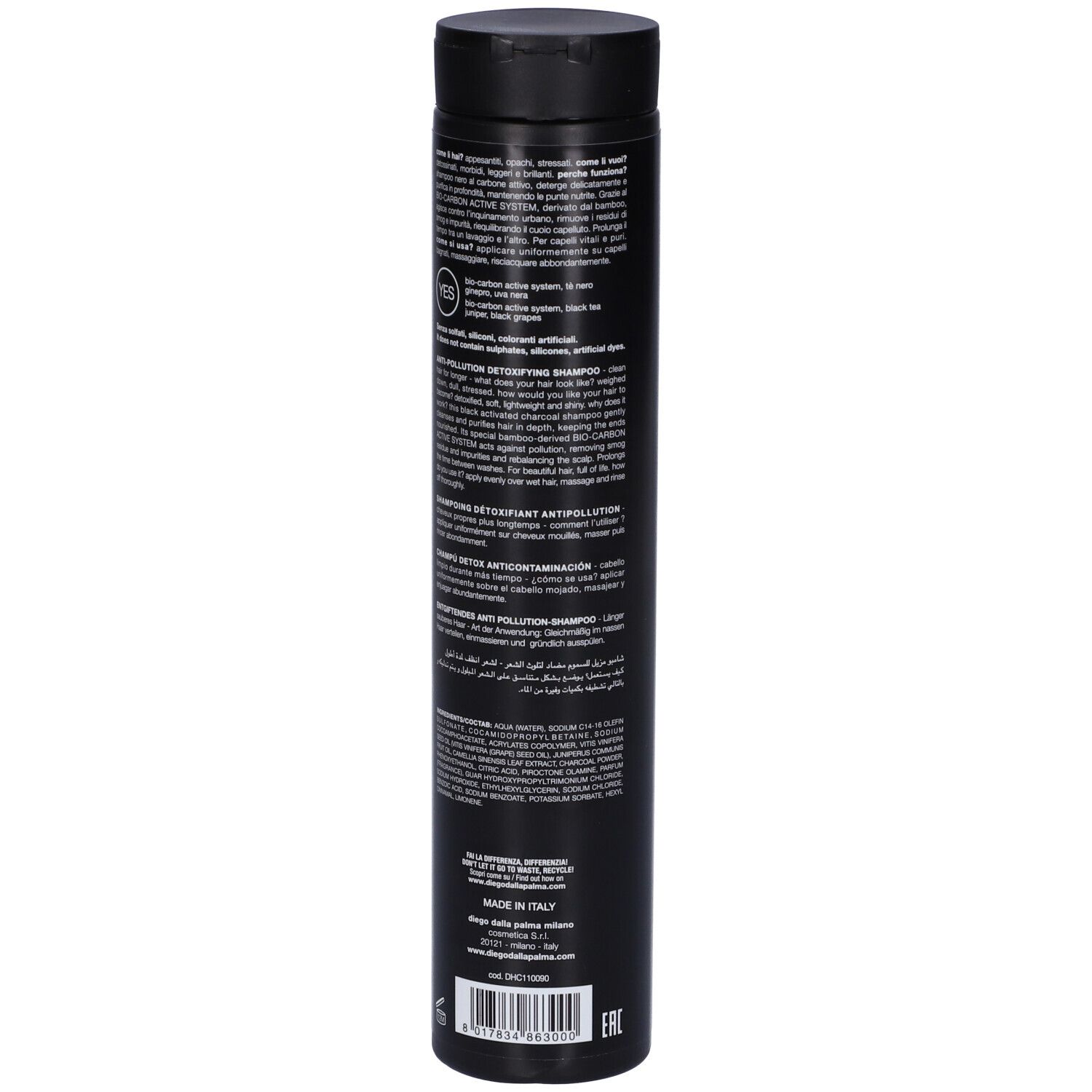 Retro di un flacone di shampoo nero. Testo in più lingue. Scritte: Diego Dalla Palma.