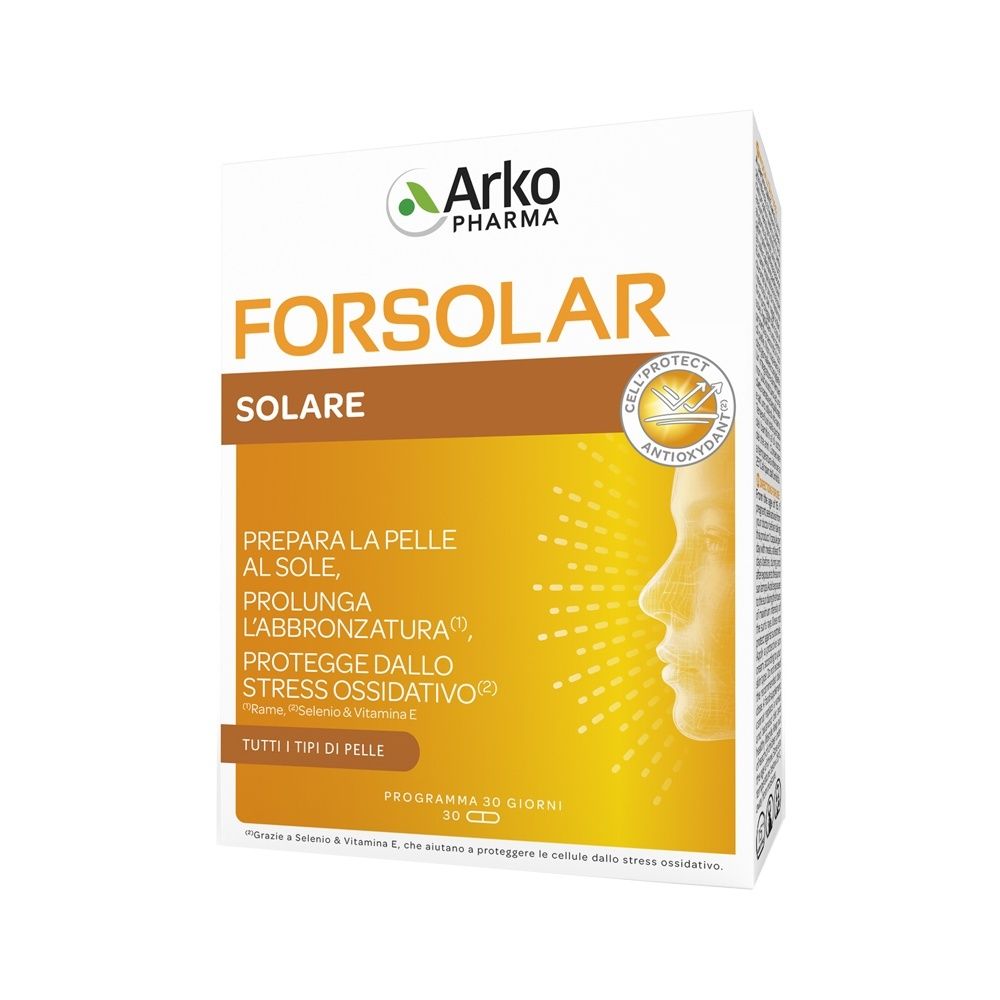 Confezione di Forsolar Solare Perle. Bianca, arancione e marrone. Testo: Forsolar Solare, Arko Pharma, Cellprotect Antioxidant.