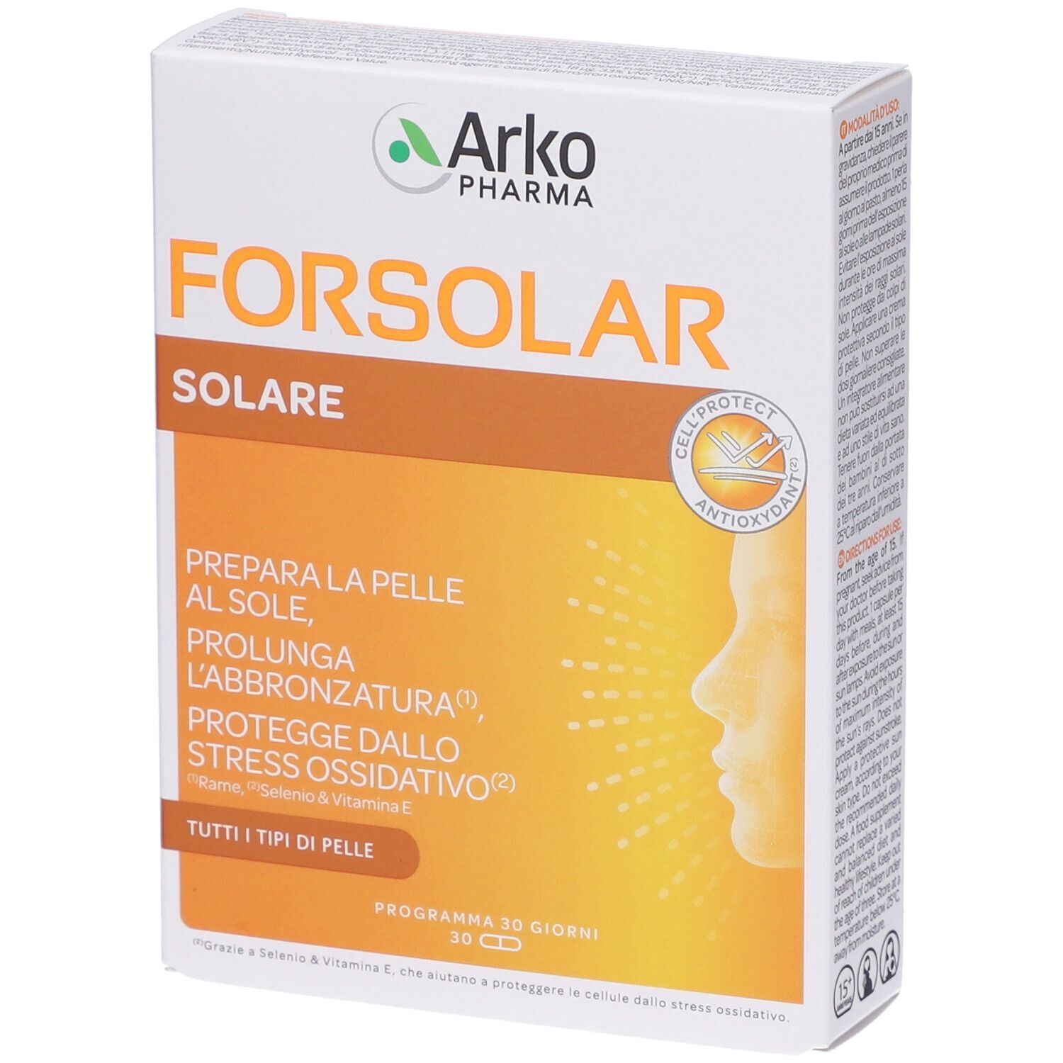 Confezione di Forsolar Solare Perle. Bianca, arancione e marrone. Testo: Forsolar Solare, Arko Pharma, Cellprotect Antioxidant.