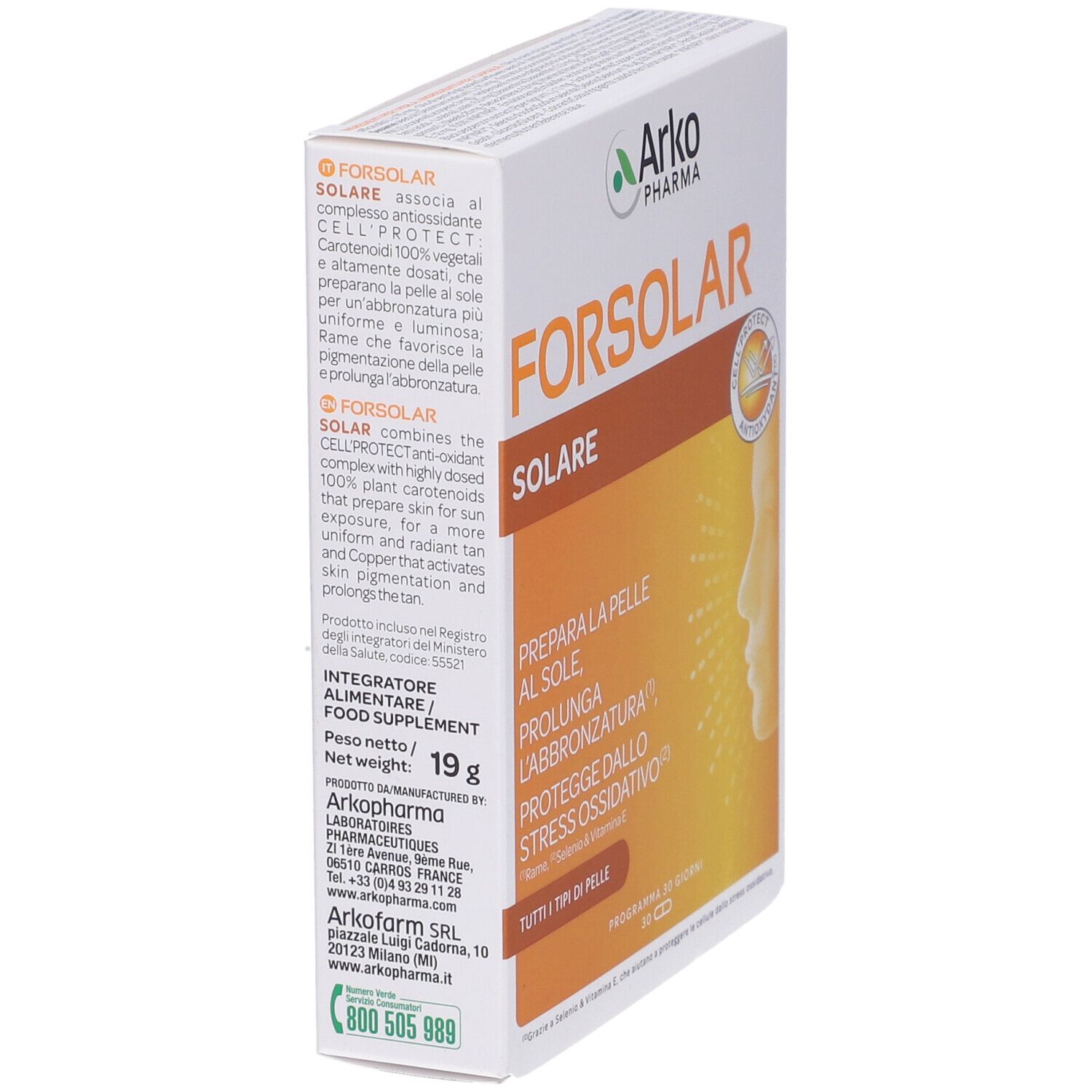 Confezione di Forsolar Solare Perle. Bianca, arancione e marrone. Testo: Forsolar Solare, Arko Pharma, Cellprotect Antioxidant.