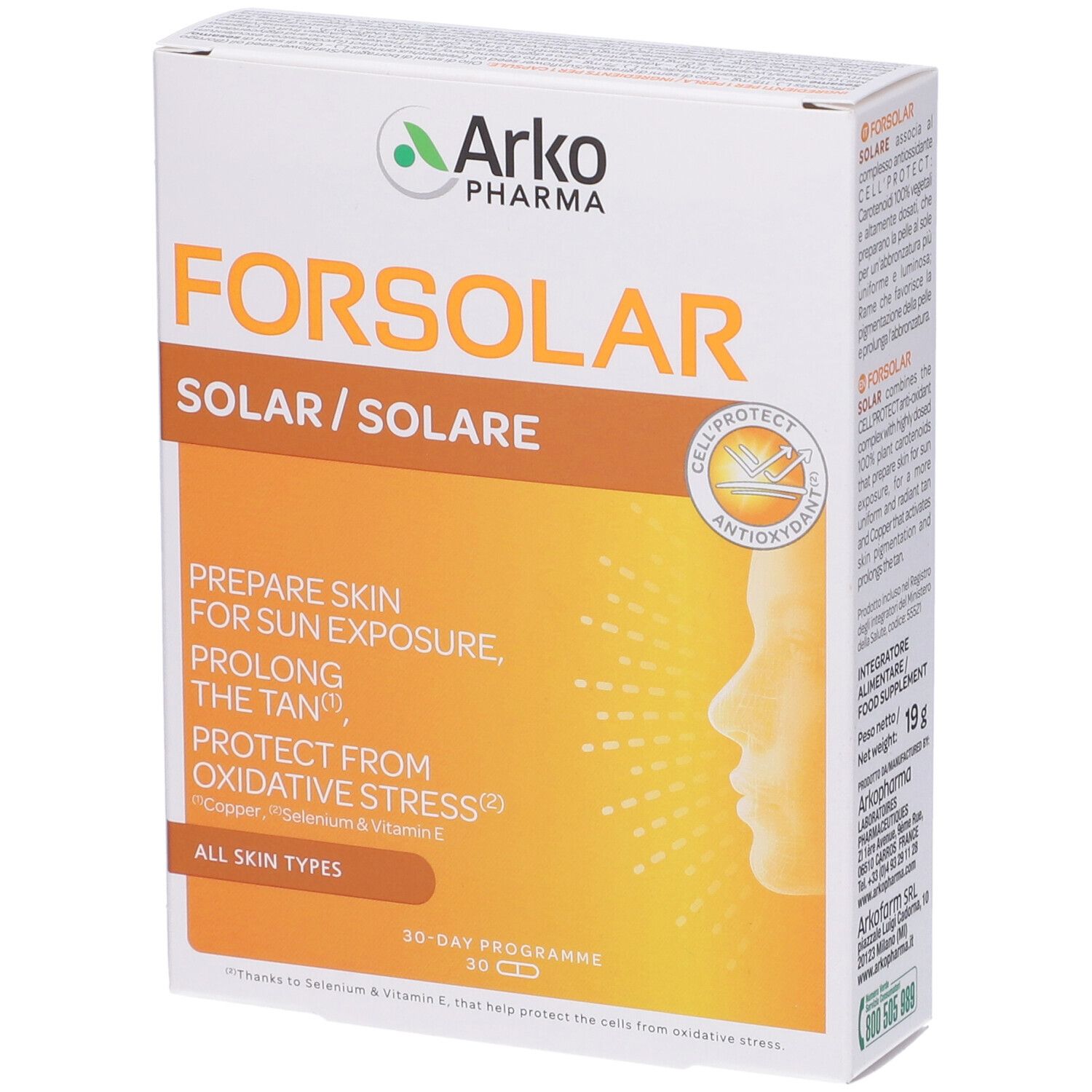 Confezione di Forsolar Solare Perle. Bianca, arancione e marrone. Testo: Forsolar Solare, Arko Pharma, Cellprotect Antioxidant.