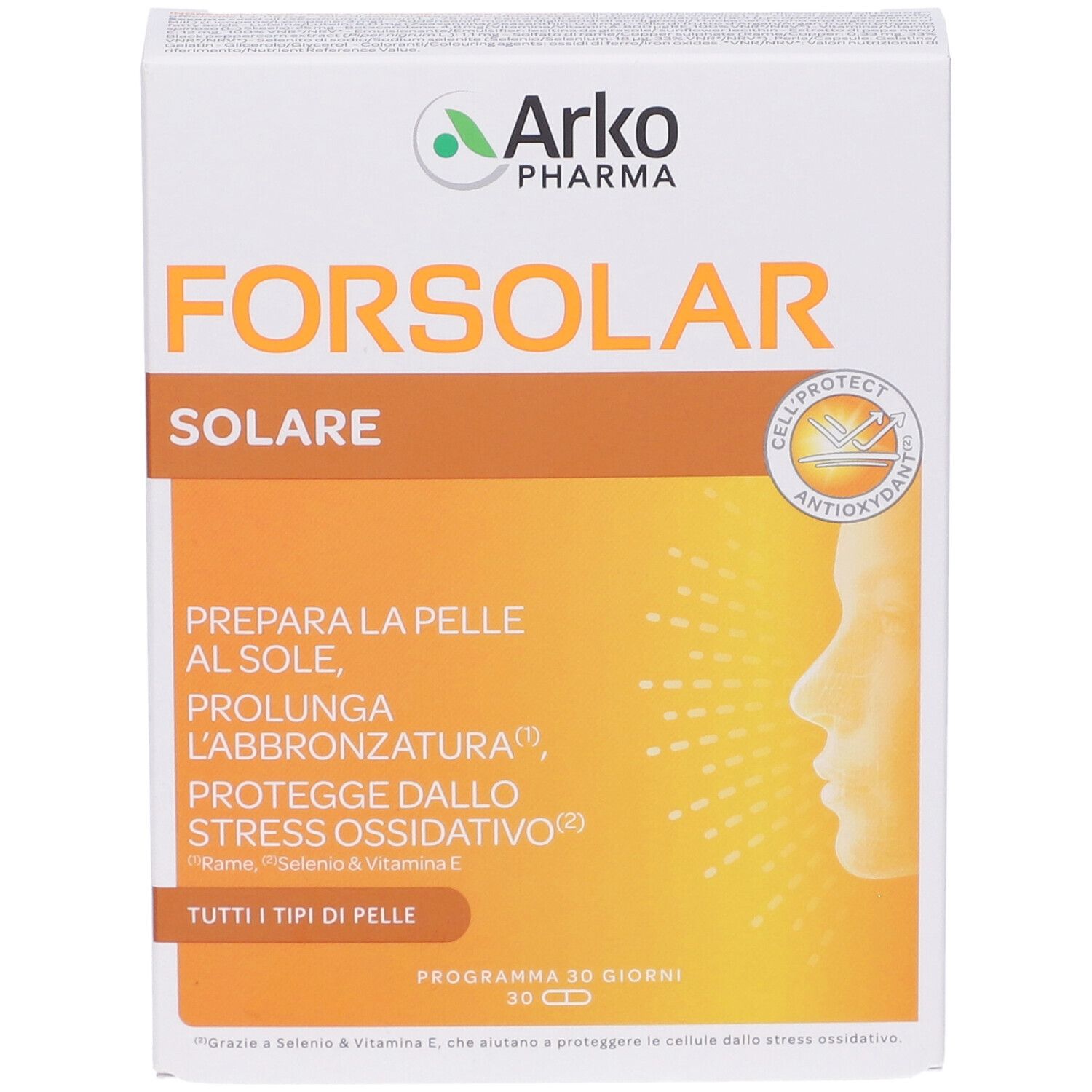 Confezione di Forsolar Solare Perle. Bianca, arancione e marrone. Testo: Forsolar Solare, Arko Pharma, Cellprotect Antioxidant.