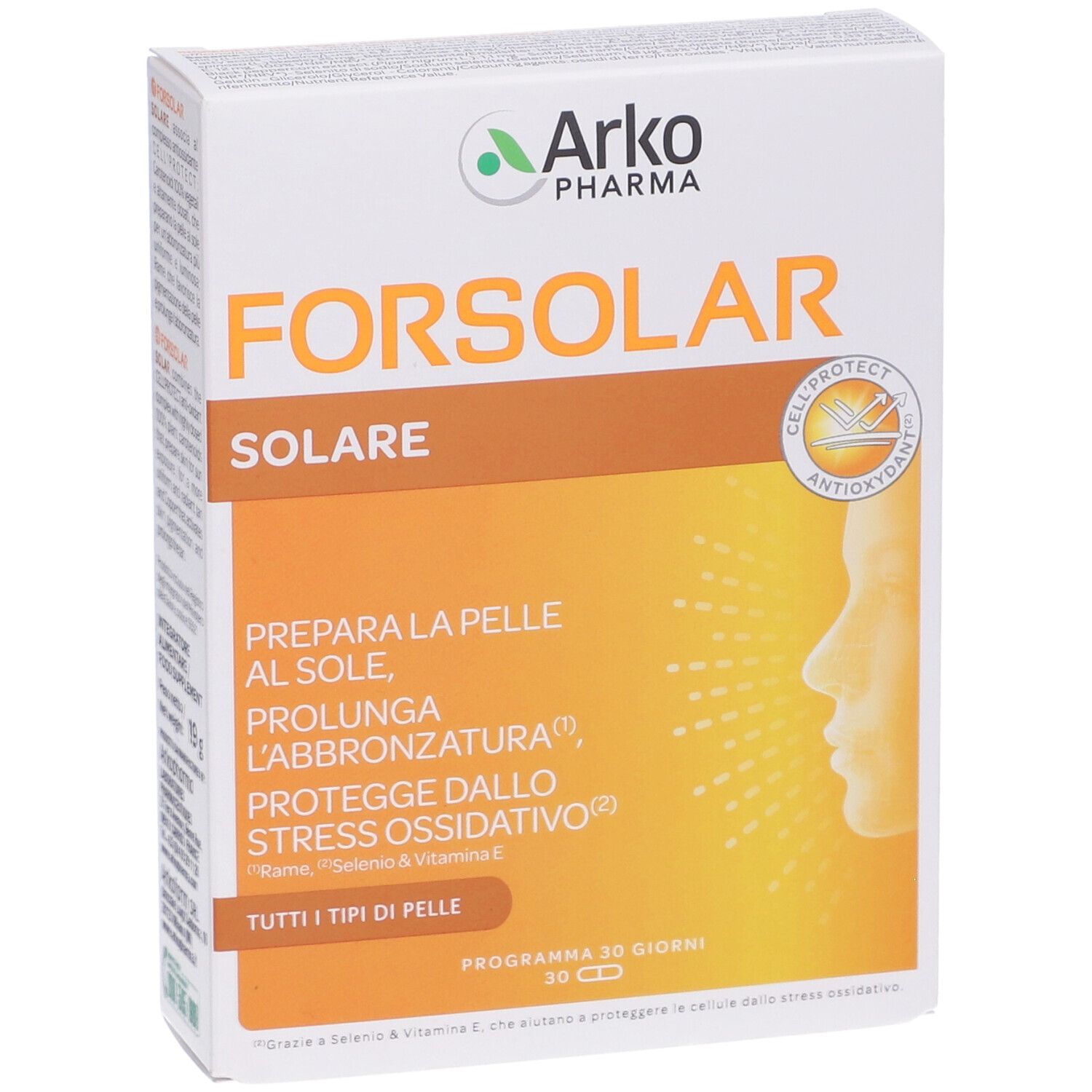 Confezione di Forsolar Solare Perle. Bianca, arancione e marrone. Testo: Forsolar Solare, Arko Pharma, Cellprotect Antioxidant.