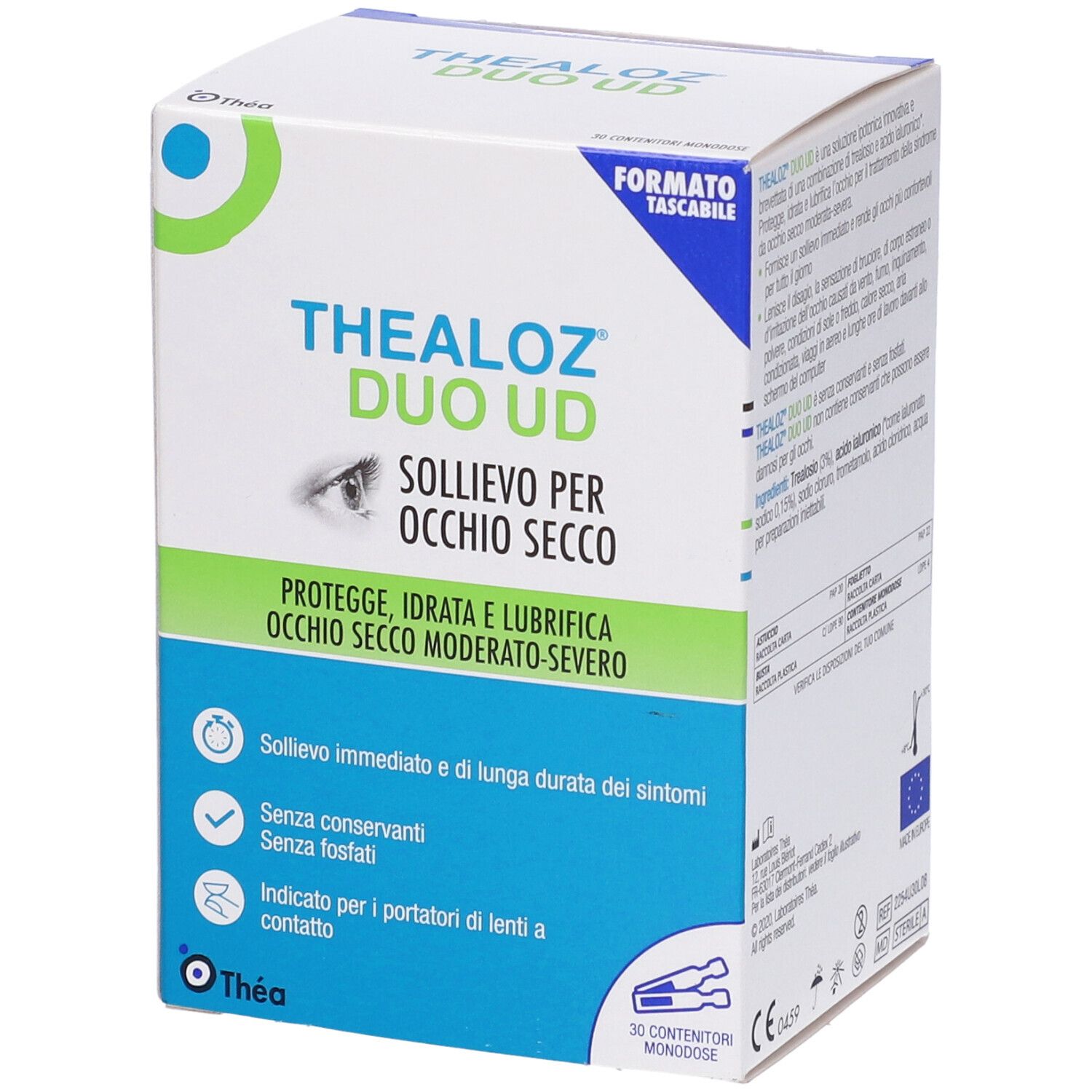 Vista angolata della confezione del prodotto. Testo: Thealoz Duo UD, sollievo per occhi secchi. 30 monodose.