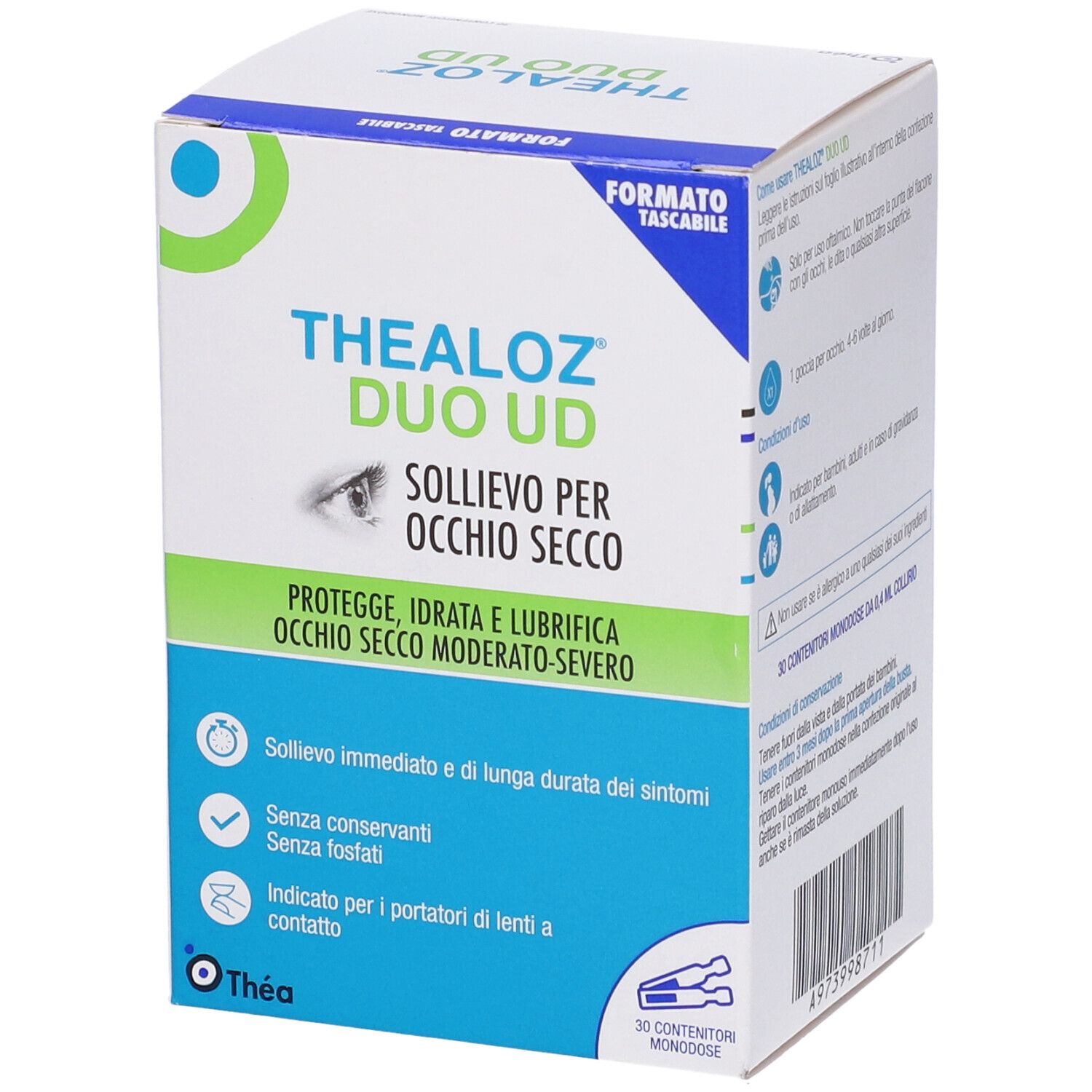Confezione del prodotto con testo: Thealoz Duo UD, sollievo per occhi secchi. Contiene 30 monodose.