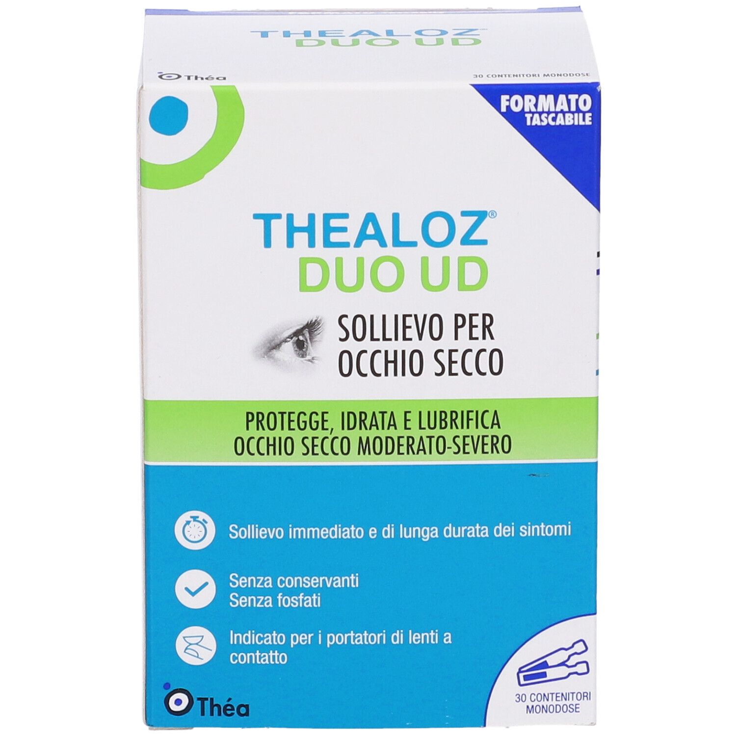 Confezione del prodotto con testo: Thealoz Duo UD, sollievo per occhi secchi. Contiene 30 monodose. Marchio Thea.
