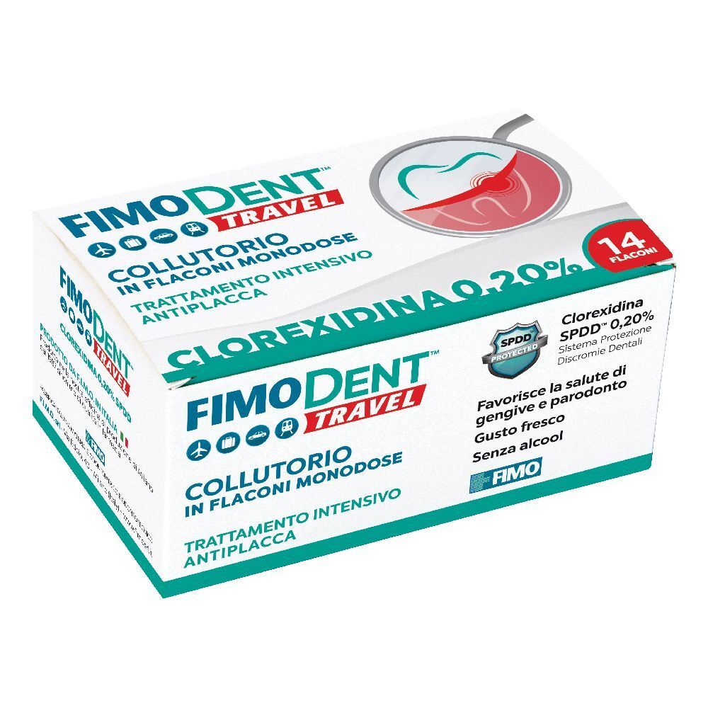 Confezione di Fimodent Travel Collutorio. Contiene 14 flaconcini. Scritta: Clorexidina 0,20%.