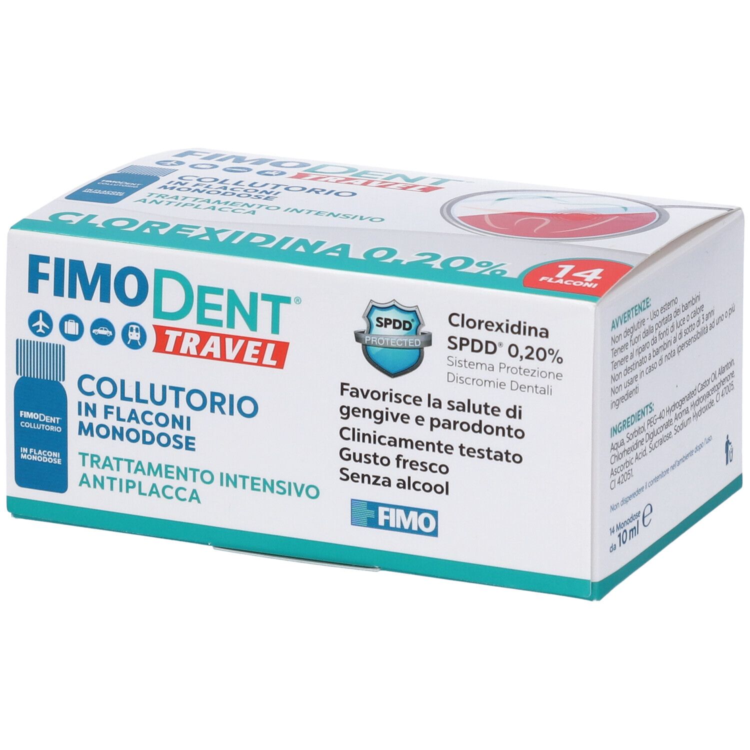 Confezione di Fimodent Travel Collutorio. Contiene 14 flaconcini. Scritta: Clorexidina 0,20%.