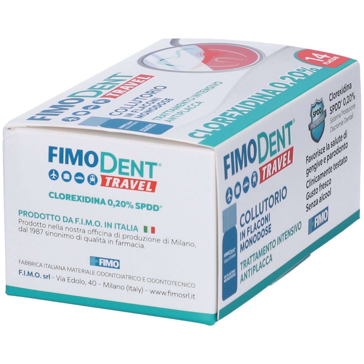 Confezione di Fimodent Travel Collutorio. Contiene 14 flaconcini. Scritta: Clorexidina 0,20%.