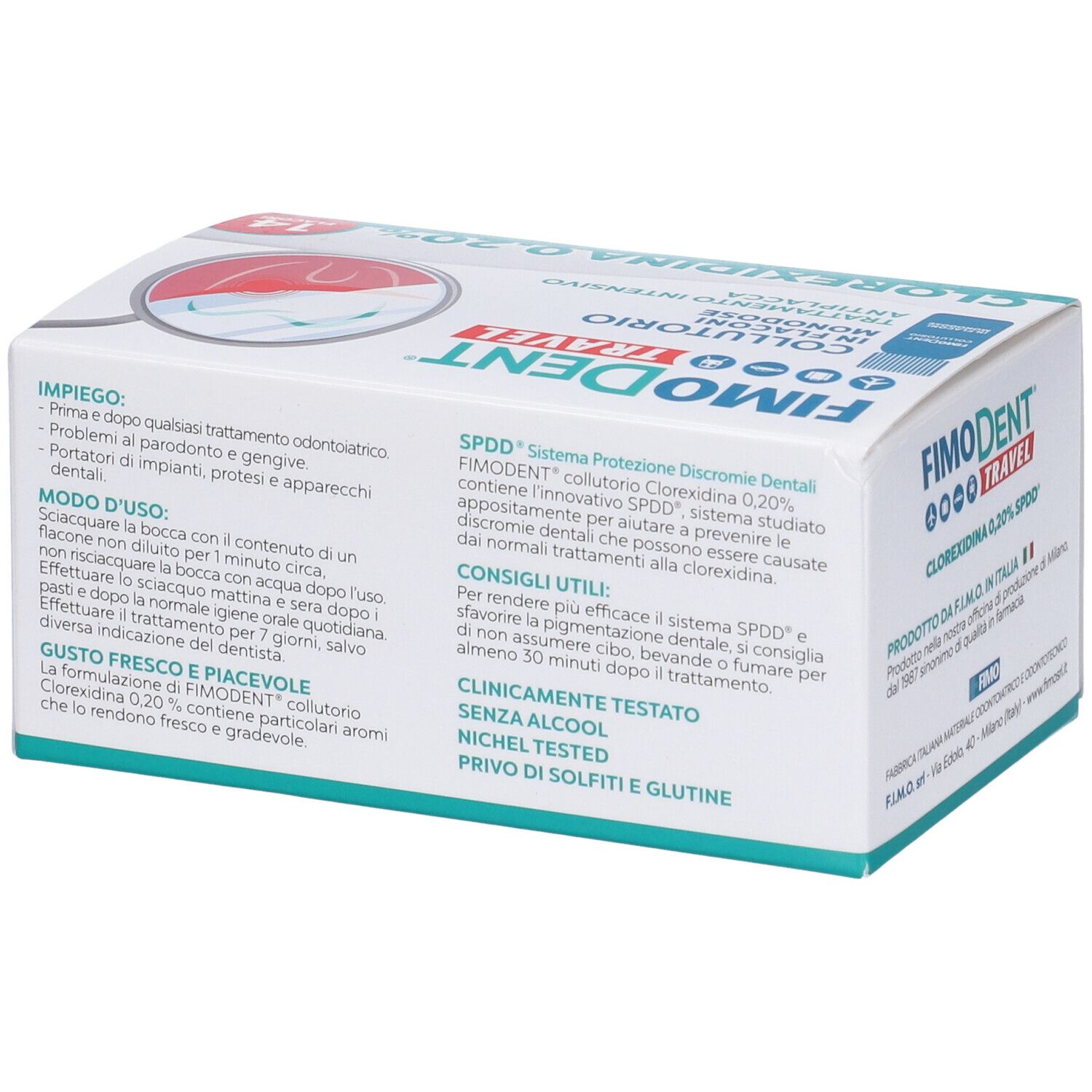 Confezione di Fimodent Travel Collutorio. Contiene 14 flaconcini. Scritta: Clorexidina 0,20%.