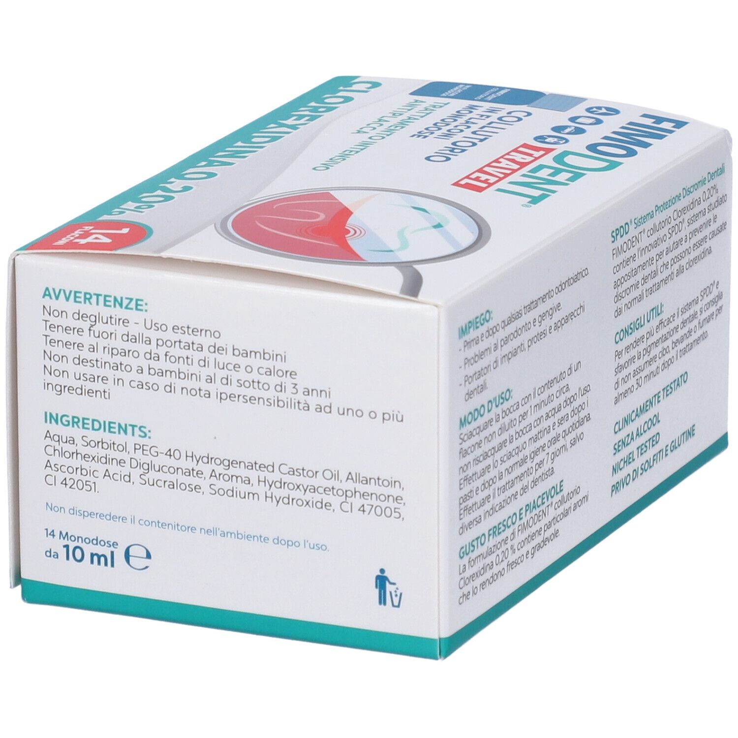 Confezione di Fimodent Travel Collutorio. Contiene 14 flaconcini. Scritta: Clorexidina 0,20%.