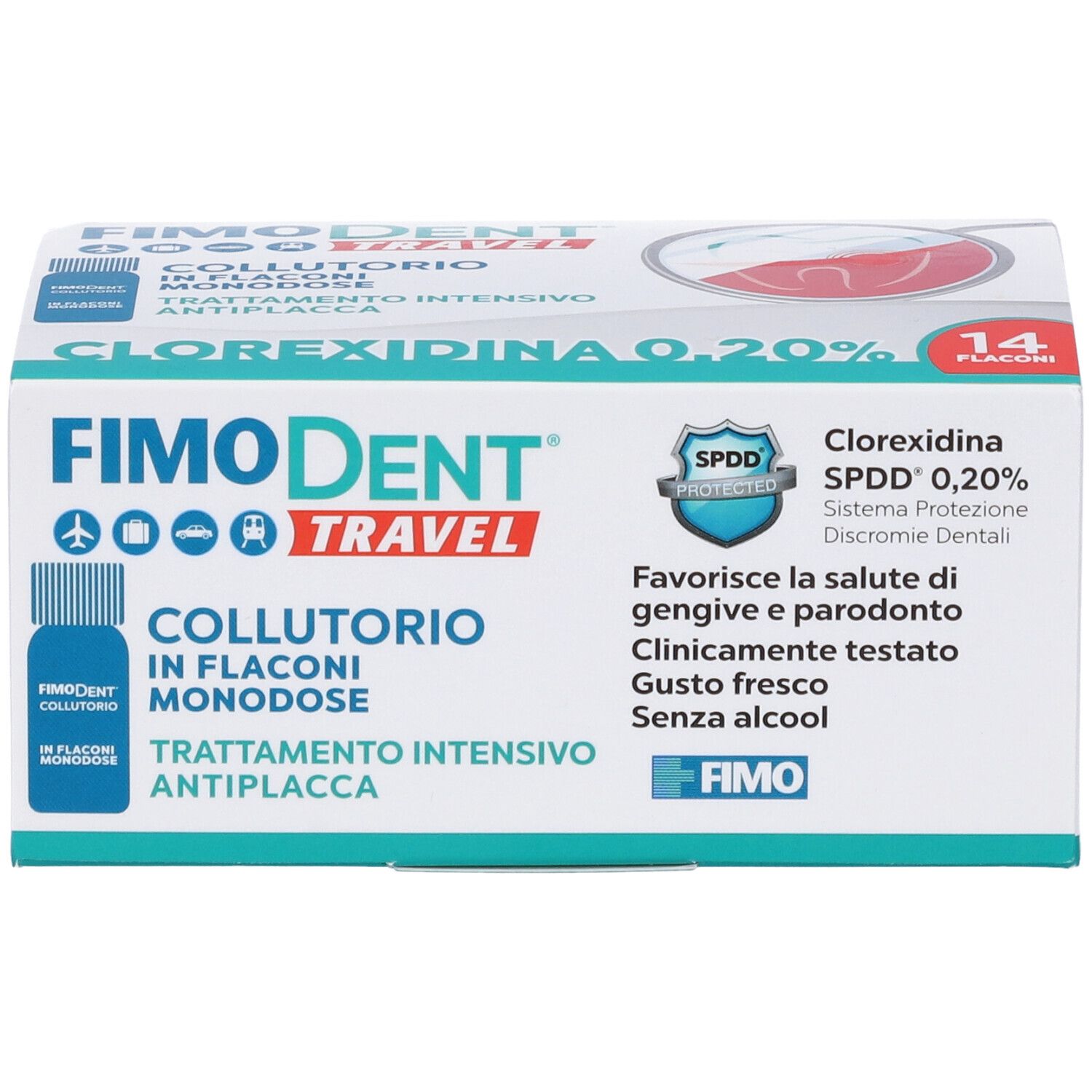 Confezione di Fimodent Travel Collutorio. Contiene 14 flaconcini. Scritta: Clorexidina 0,20%.