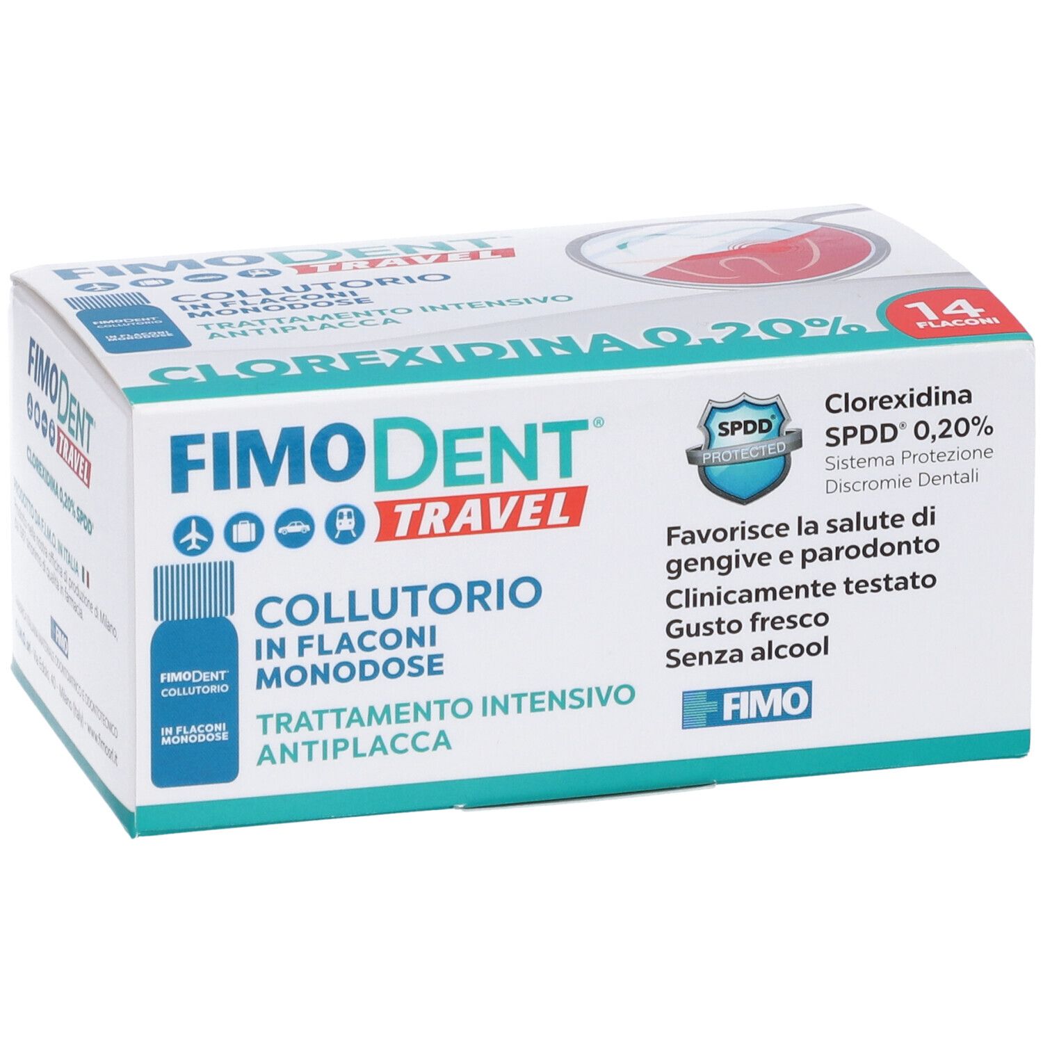 Confezione di Fimodent Travel Collutorio. Contiene 14 flaconcini. Scritta: Clorexidina 0,20%.