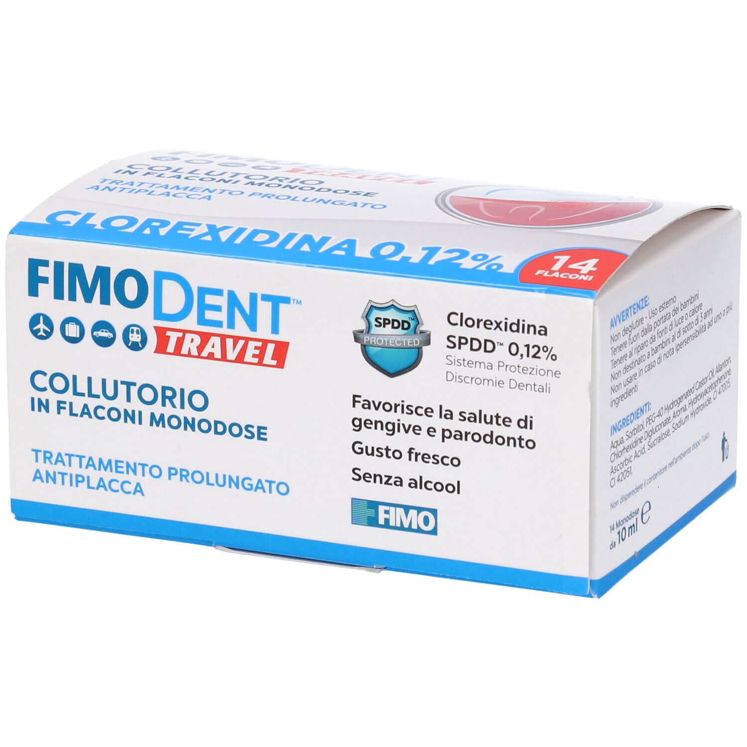 Confezione Fimodent Travel Collutorio. 14 flaconcini. Testo: Clorexidina 0,12%. Logo e testo: FIMO.