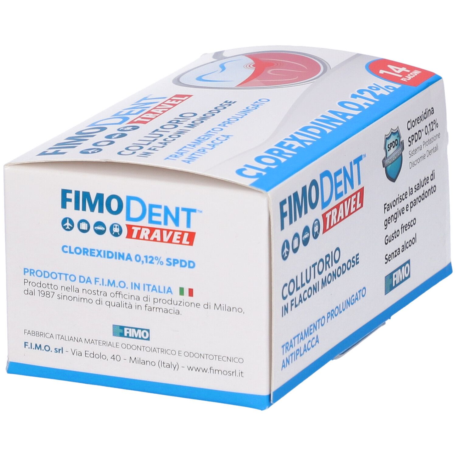 Confezione Fimodent Travel Collutorio. Testo: Clorexidina 0,12%. Logo e testo: FIMO. Prodotto in Italia.
