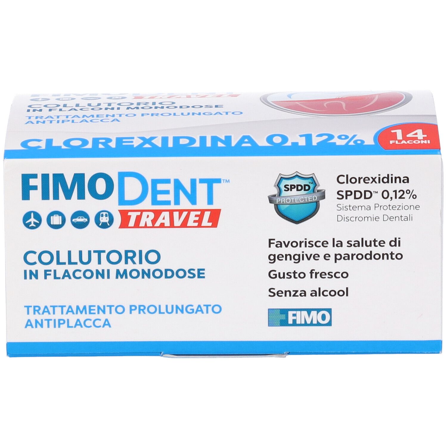 Confezione Fimodent Travel Collutorio. Testo: Clorexidina 0,12%. 14 flaconcini. Logo e testo: FIMO.