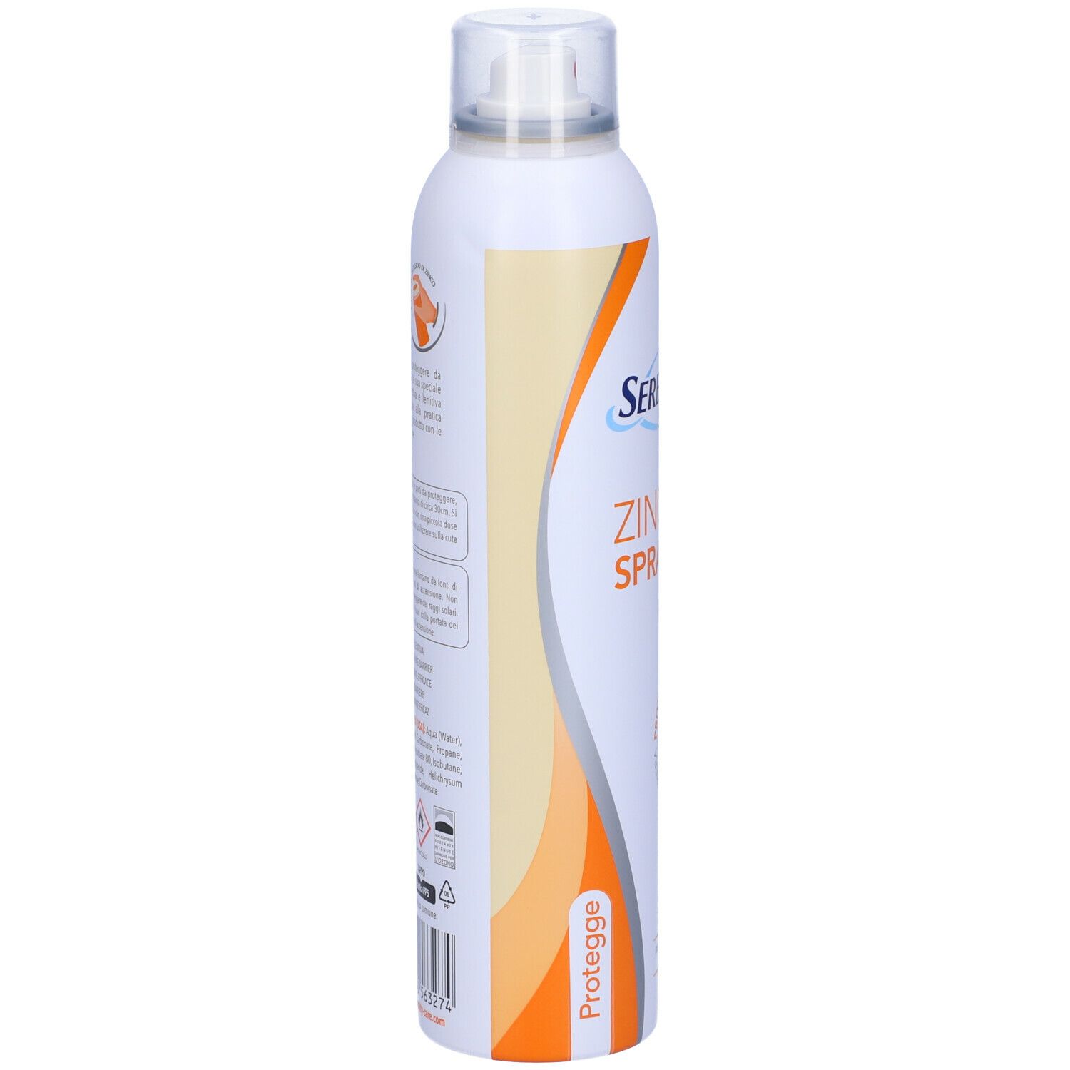 Spray bianco con etichetta laterale. Dettagli arancioni e gialli. Testo in italiano.