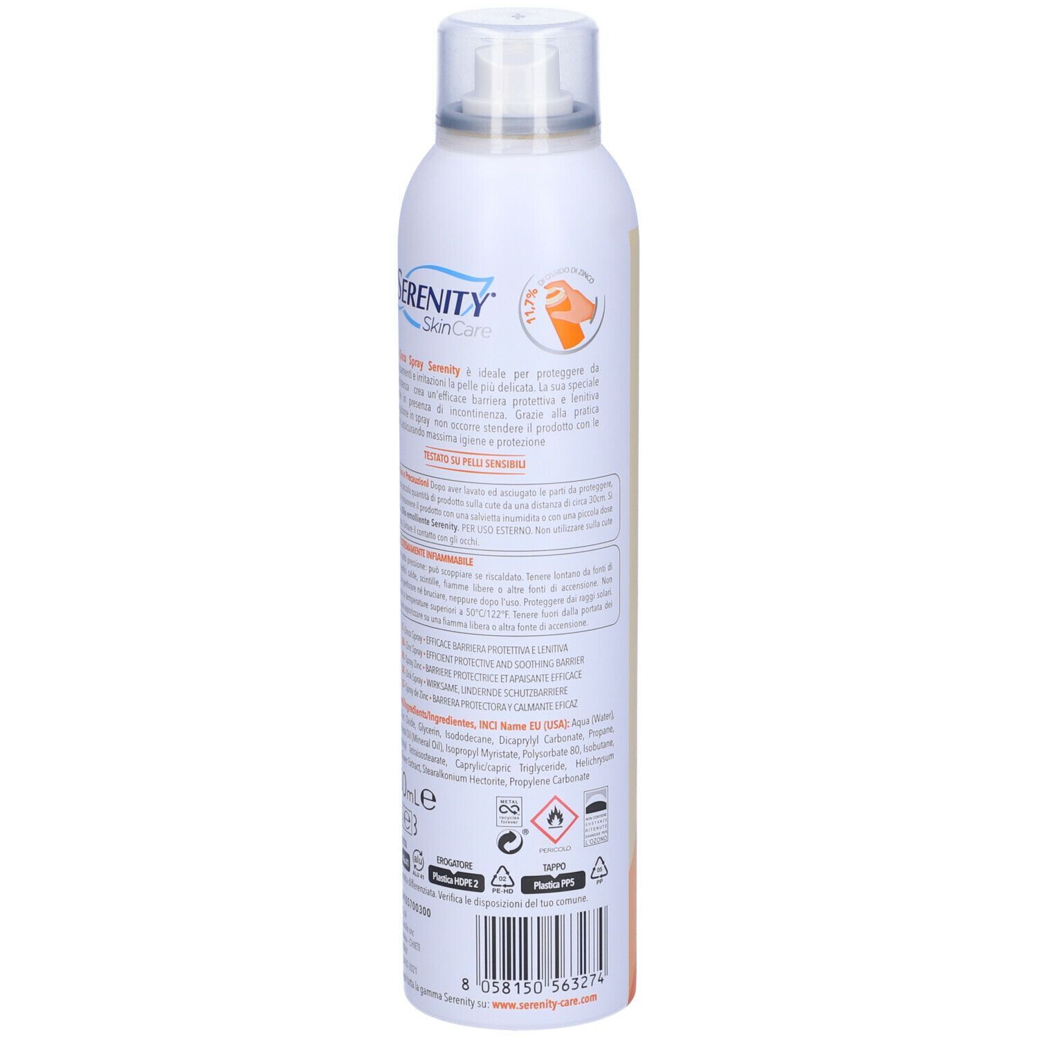 Retro dello spray bianco. Testo in italiano. Codice a barre e simboli di avvertimento.