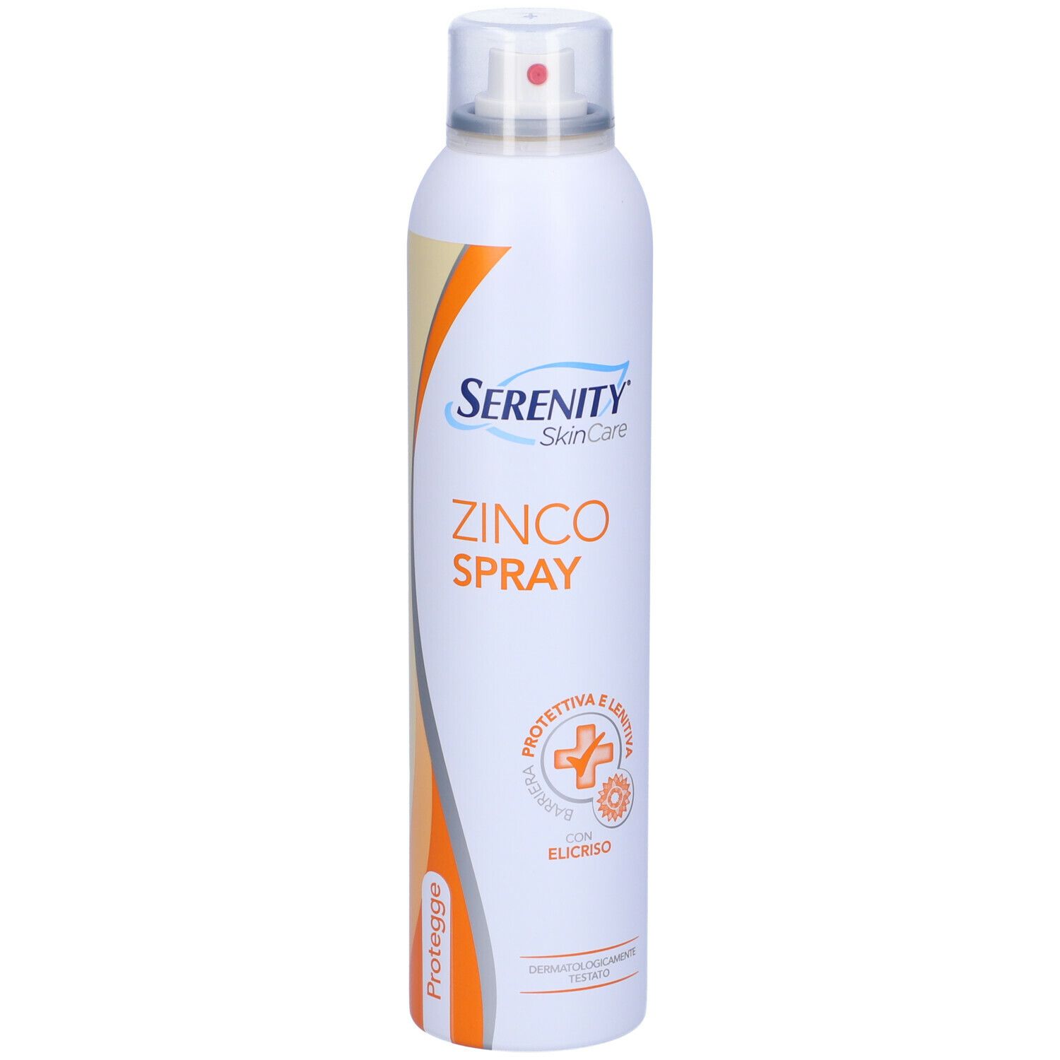 Spray bianco con scritta Serenity SkinCare Zinco Spray. Con erogatore rosso e dettagli arancioni.