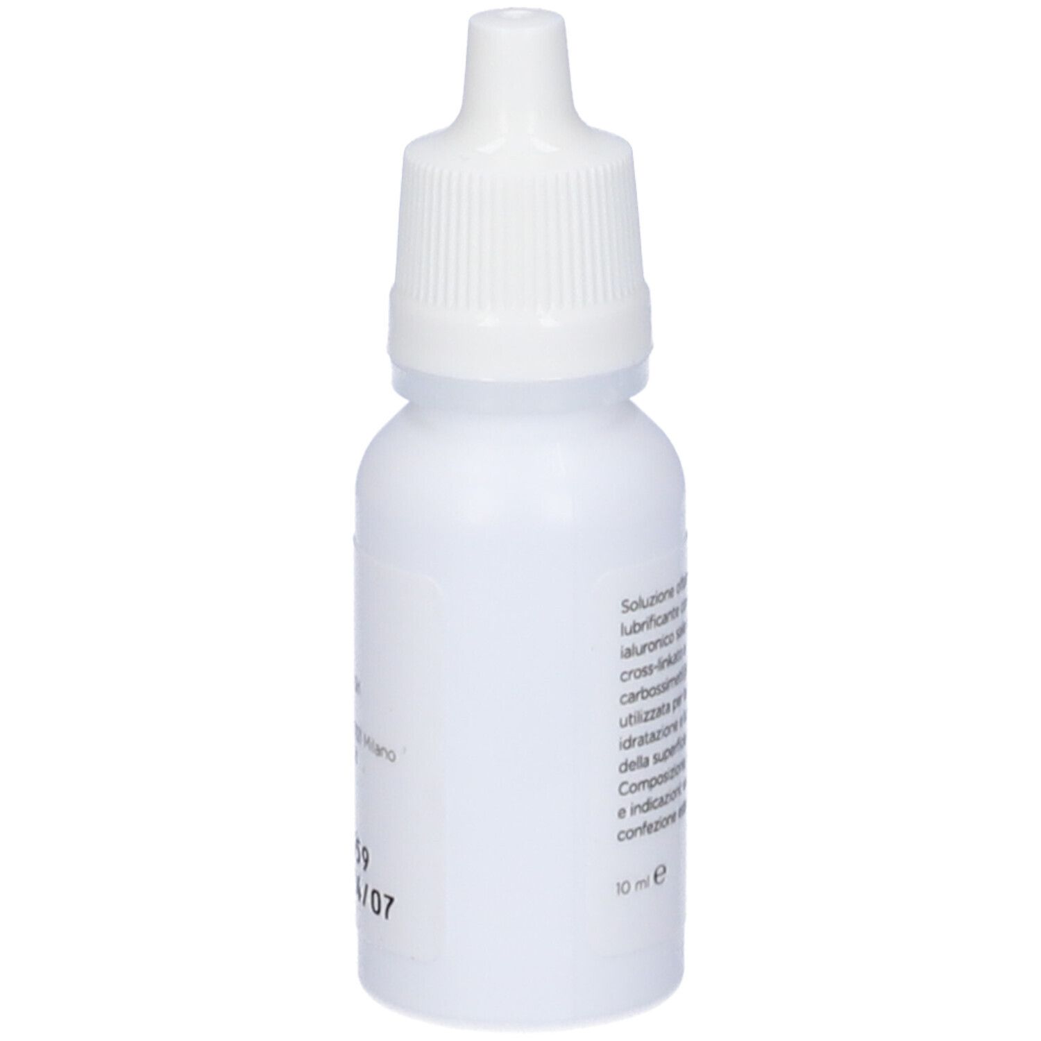 Flacone di collirio bianco con tappo bianco. Etichetta con testo in italiano.