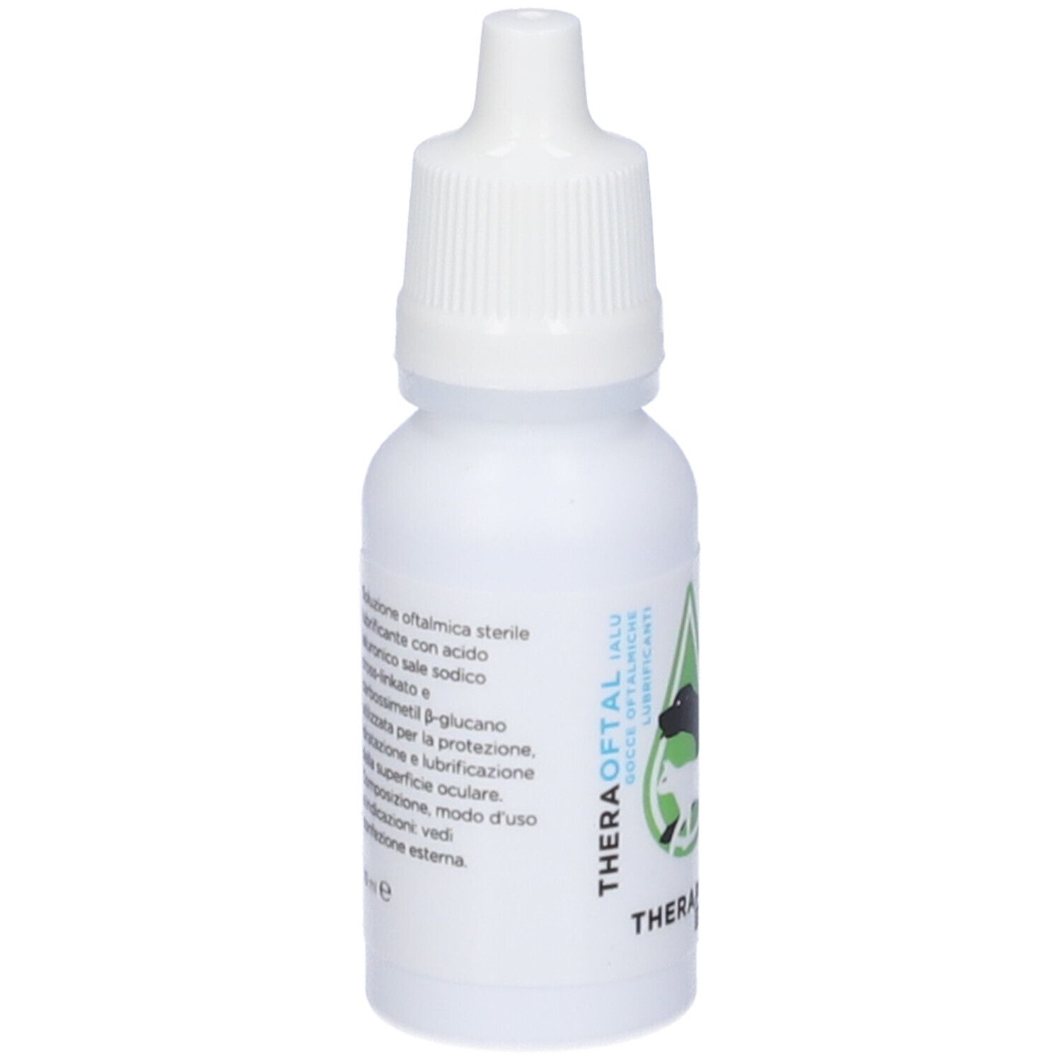 Flacone di collirio bianco con tappo bianco. Etichetta con testo in italiano.