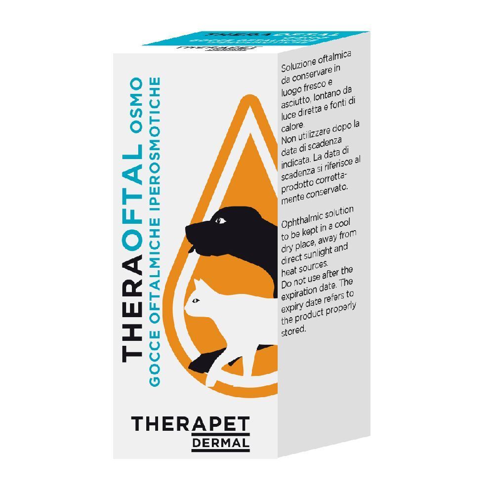 Scatola con informazioni sul prodotto. Simbolo a goccia arancione con cane e gatto. Testo: Theraoftal Osmo, gocce oftalmiche iperosmotiche.