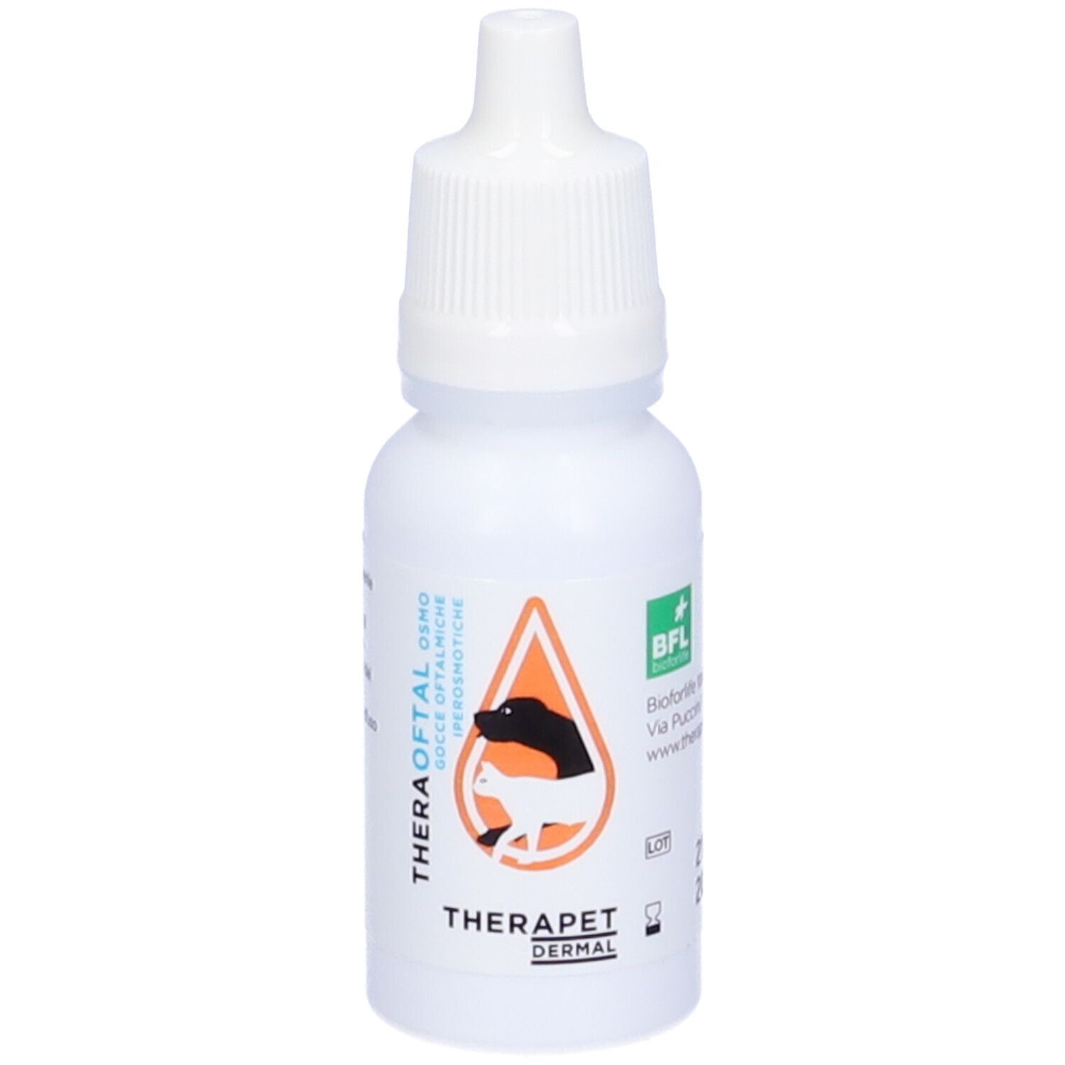 Flacone bianco con contagocce. Simbolo a goccia arancione con cane e gatto. Testo: Theraoftal Osmo, gocce oftalmiche iperosmotiche.