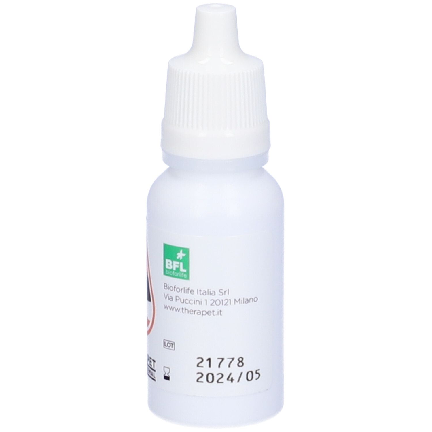Flacone bianco con contagocce. Testo: BFL, Bioforlife Italia Srl, 21778 2024/05.