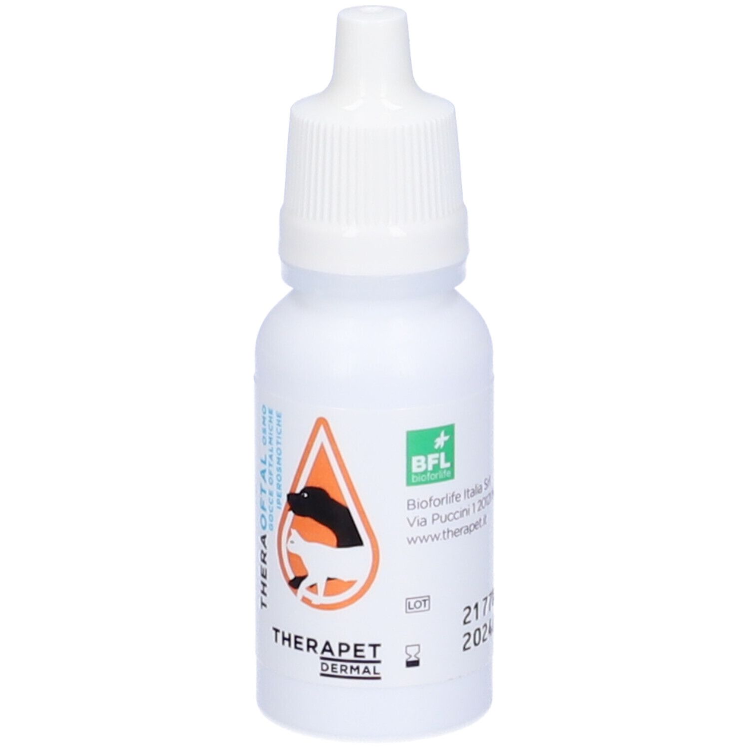 Flacone bianco con contagocce. Simbolo a goccia arancione con cane e gatto. Testo: Theraoftal Osmo, gocce oftalmiche iperosmotiche.