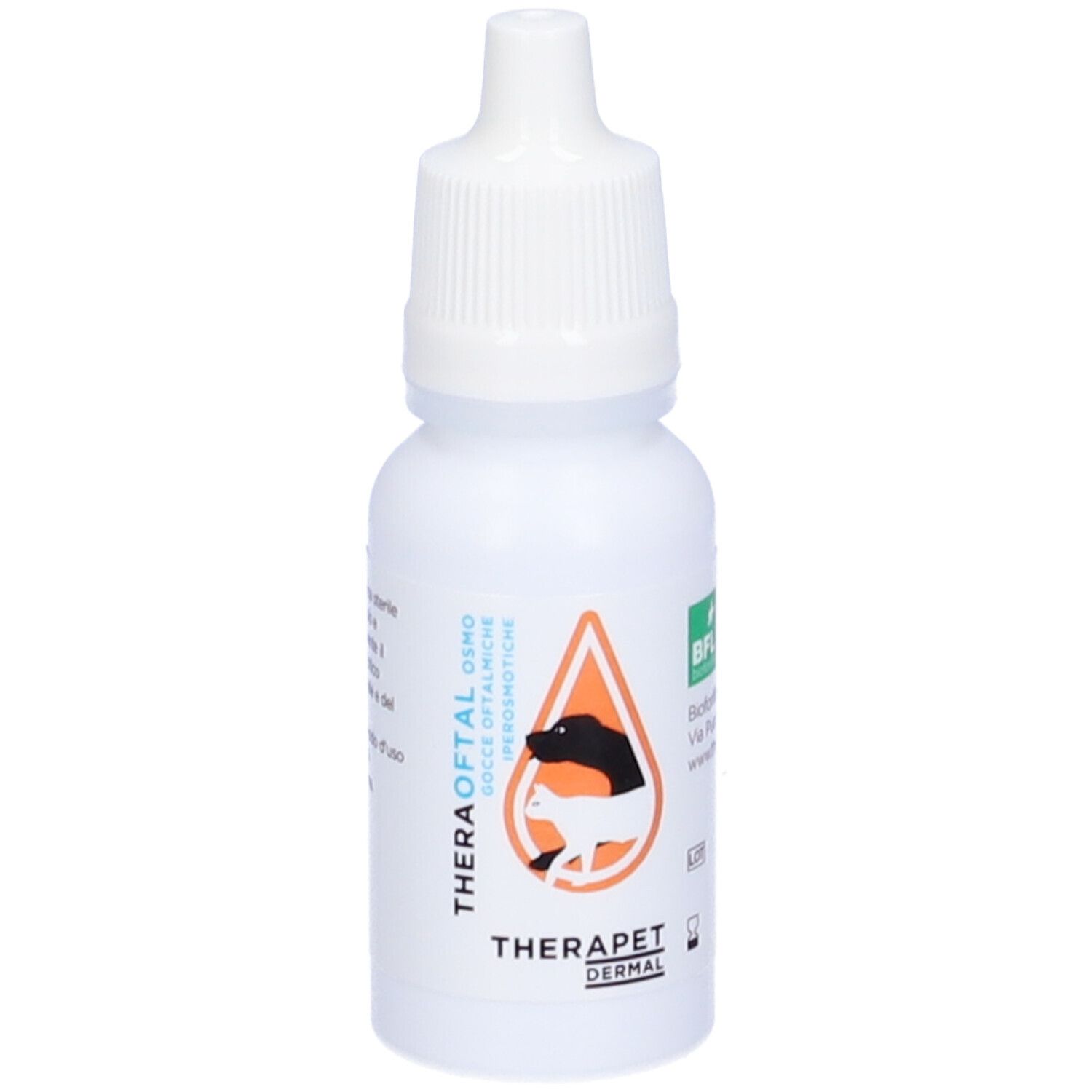 Flacone bianco con contagocce. Simbolo a goccia arancione con cane e gatto. Testo: Theraoftal Osmo, gocce oftalmiche iperosmotiche.