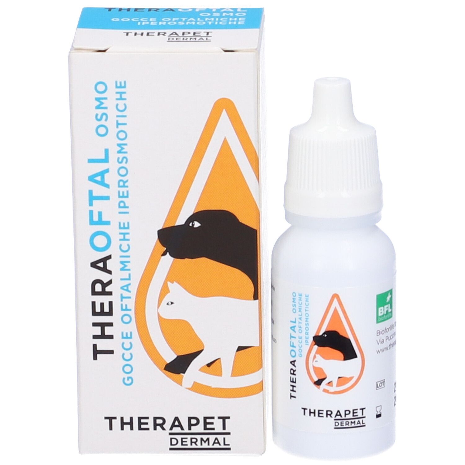 Confezione e flacone. Flacone con contagocce. Testo: Theraoftal Osmo, gocce oftalmiche iperosmotiche.