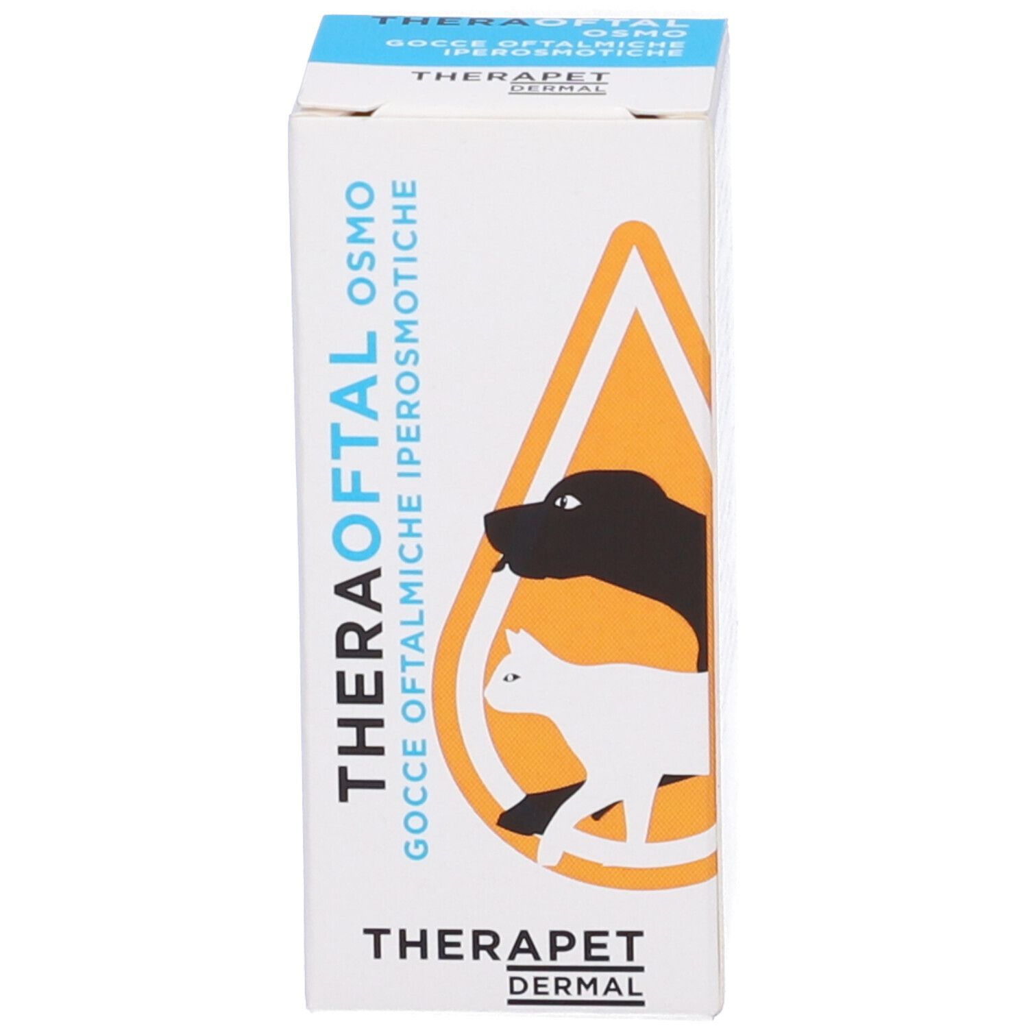 Scatola con informazioni sul prodotto. Simbolo a goccia arancione con cane e gatto. Testo: Theraoftal Osmo, gocce oftalmiche iperosmotiche.