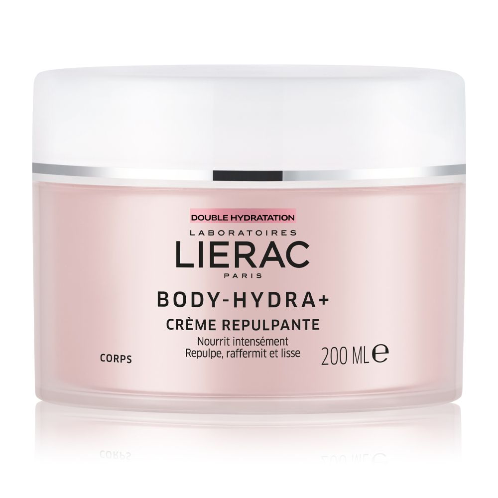 Pot rose avec couvercle blanc. LIERAC Body-Hydra+ Crème Repulpante. 200 ml.