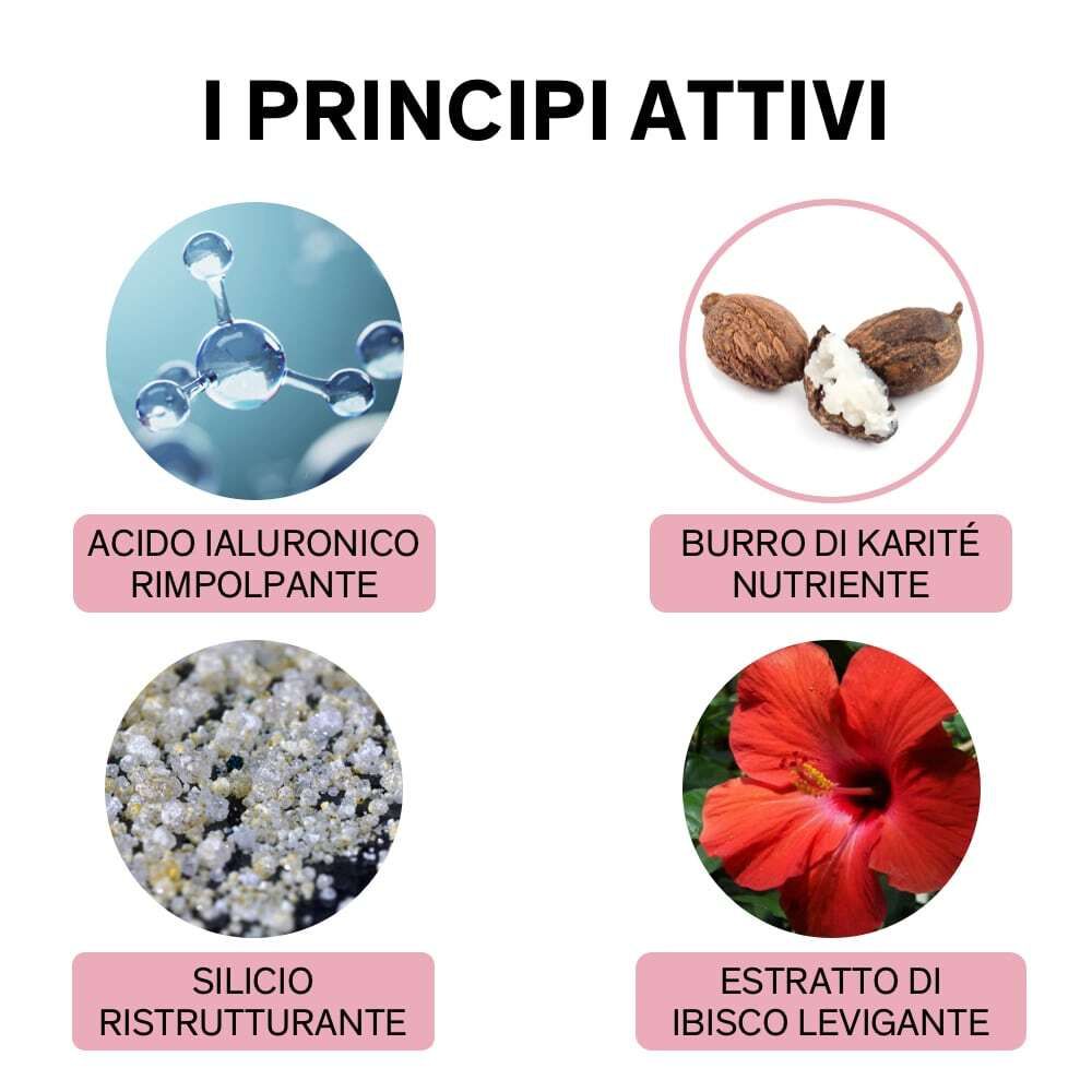 Graphique avec ingrédients: Acide hyaluronique, Beurre de karité, Silice, Extrait d'hibiscus.
