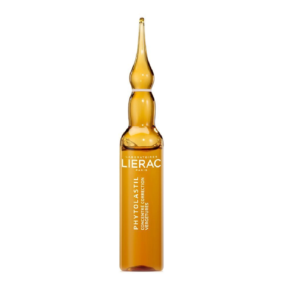 Fiala di vetro ambrato con liquido. Scritta: LIERAC, PHYTOLASTIL, Concentré Correction Vergetures.