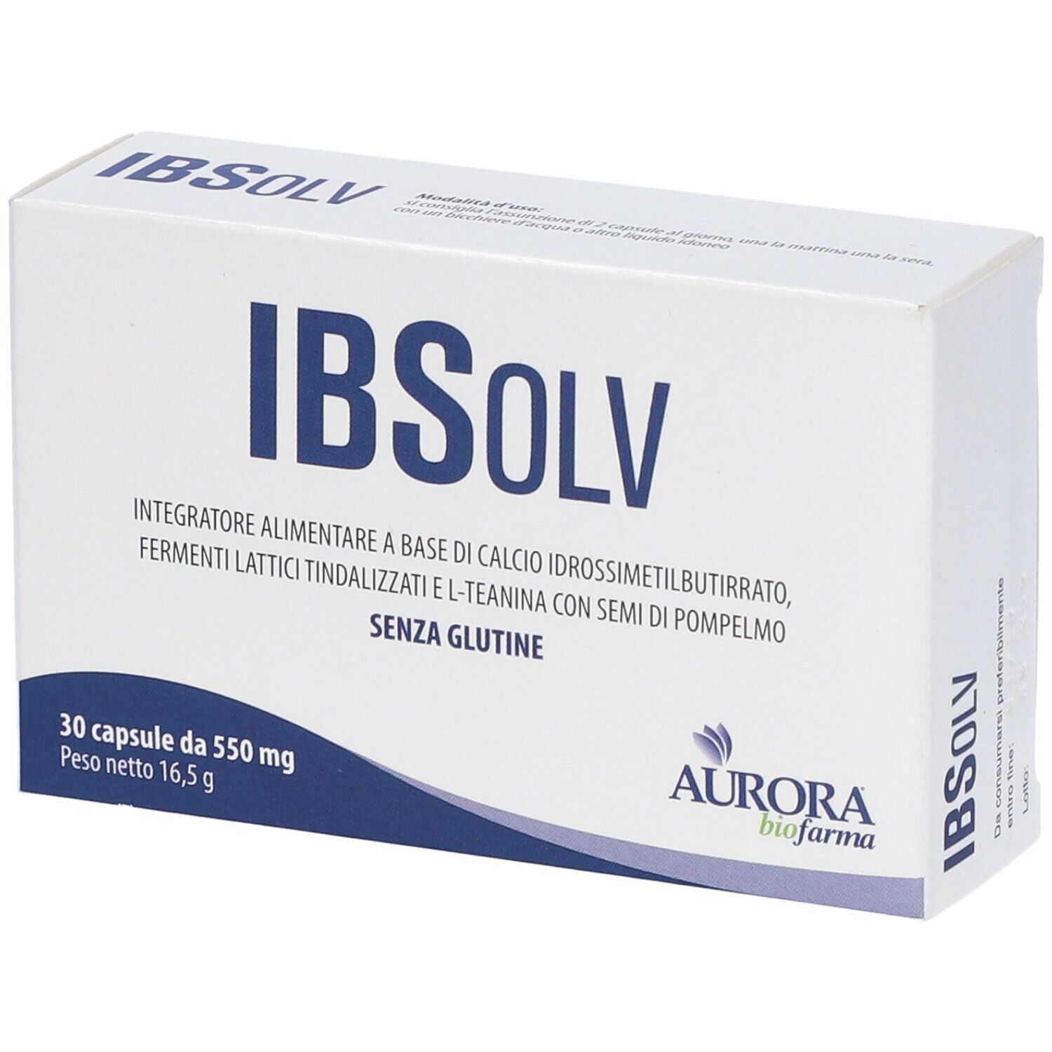 Scatola bianca con testo blu. Scritto: IBSOLV, 30 capsule, Aurora biofarma. Contiene informazioni sugli ingredienti.