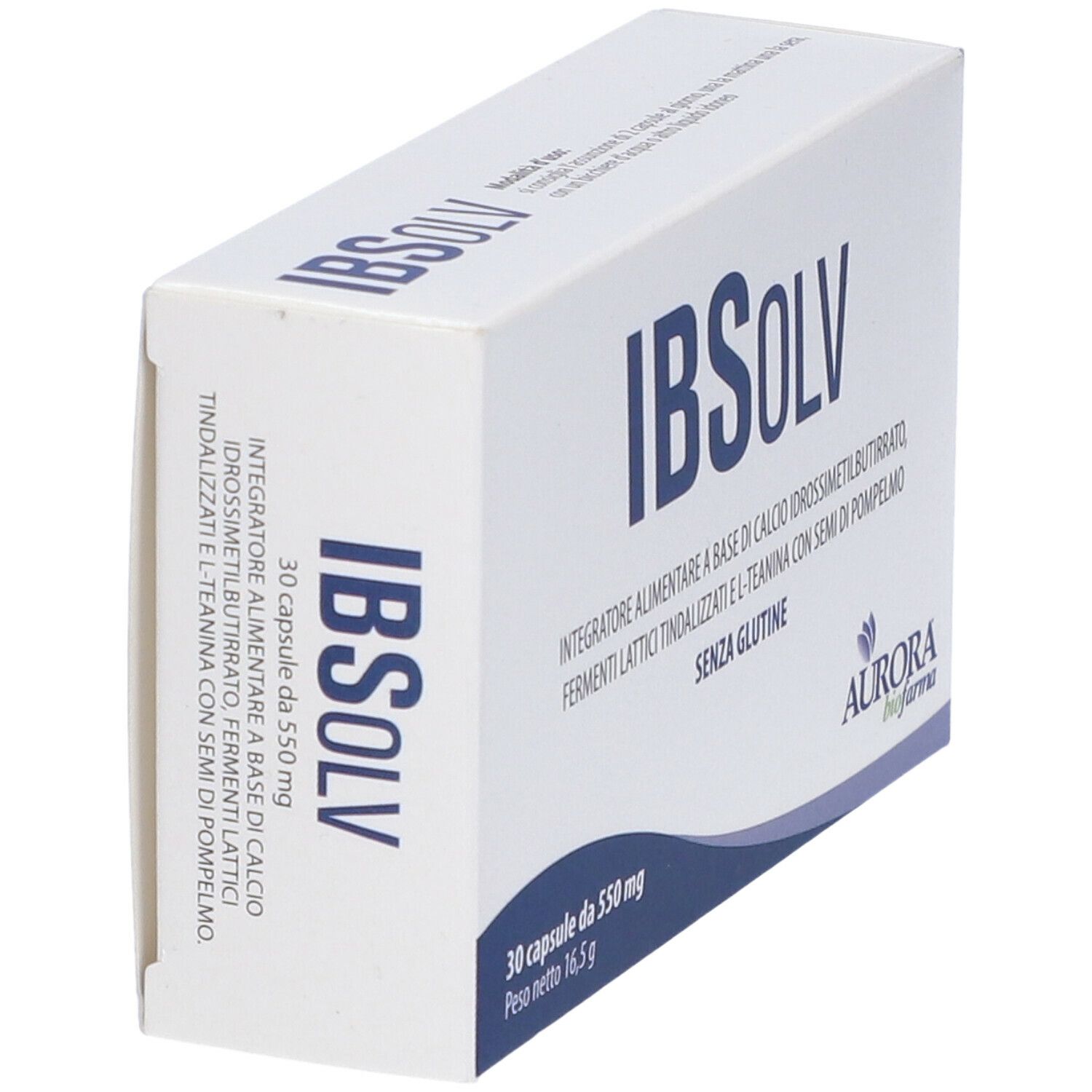 Scatola bianca con testo blu. Scritto: IBSOLV, Aurora biofarma. Confezione del prodotto, vista angolata.