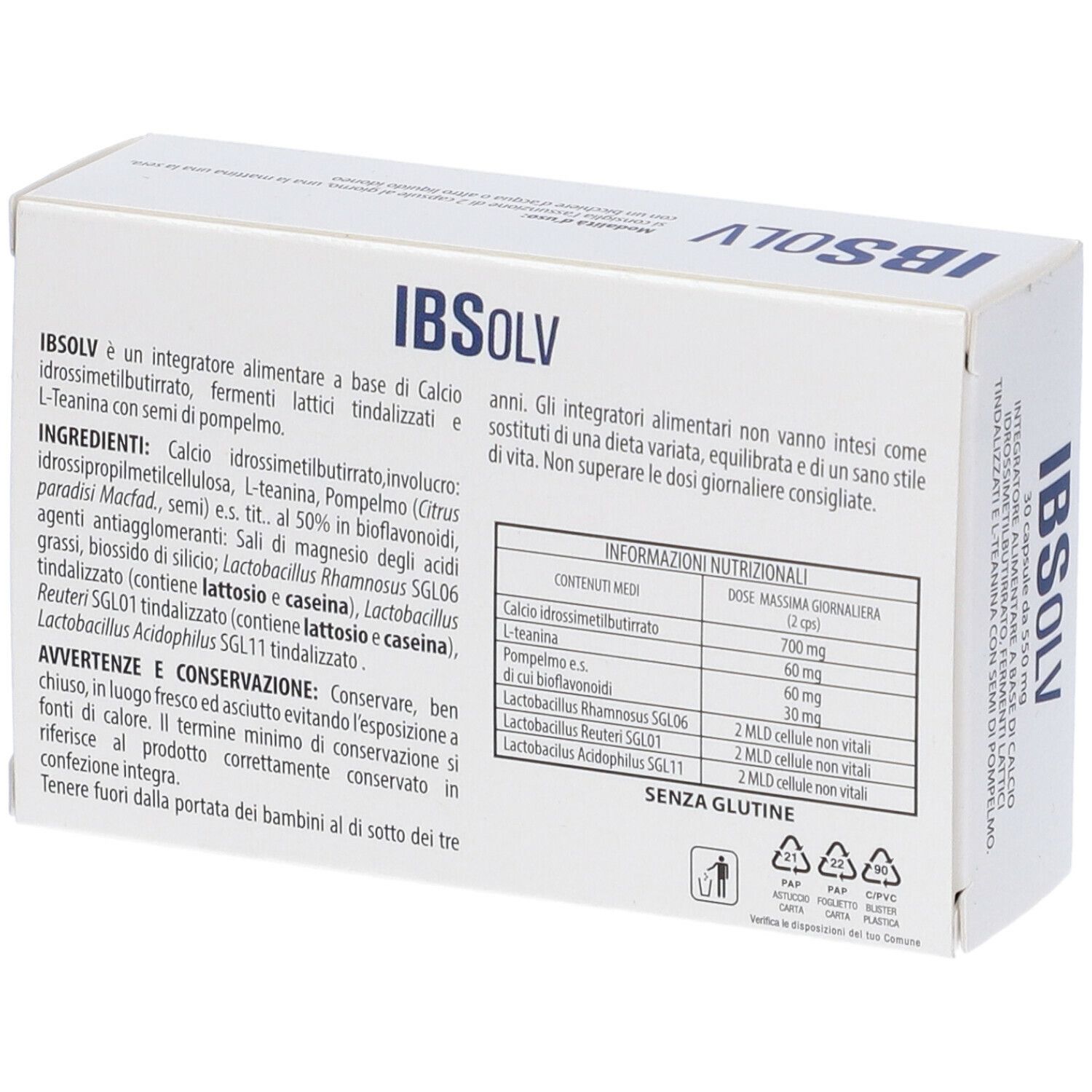 Retro della scatola bianca. Scritto: IBSOLV, ingredienti, informazioni nutrizionali, Aurora biofarma. Testo in italiano.