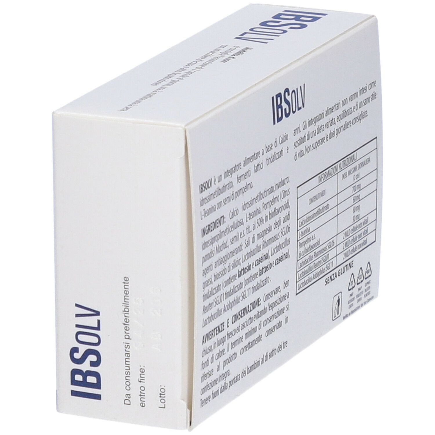 Scatola con testo. Scritto: IBSOLV, ingredienti, informazioni nutrizionali, Aurora biofarma. Testo in italiano.