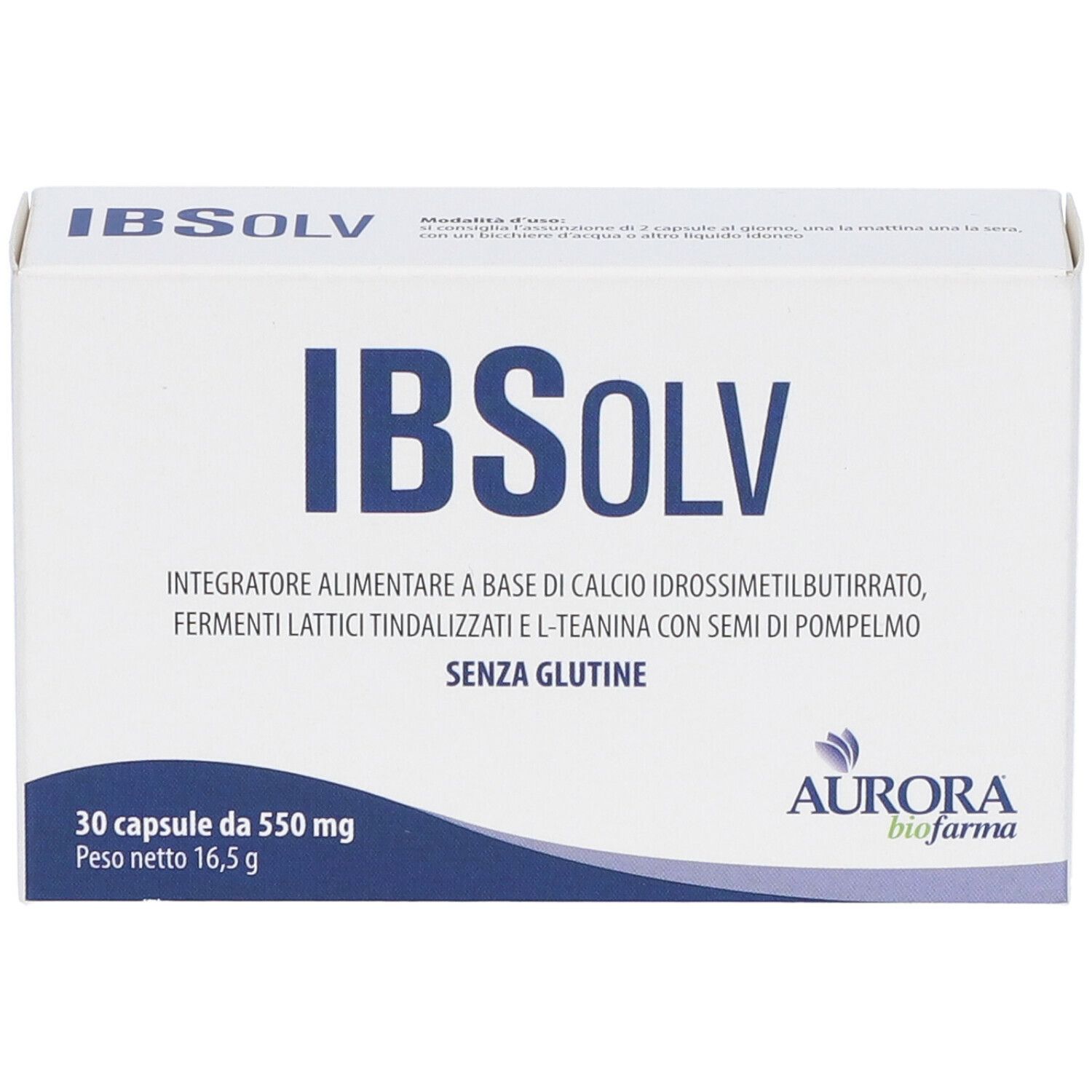 Scatola bianca con testo blu. Scritto: IBSOLV, 30 capsule, Aurora biofarma. Confezione del prodotto.