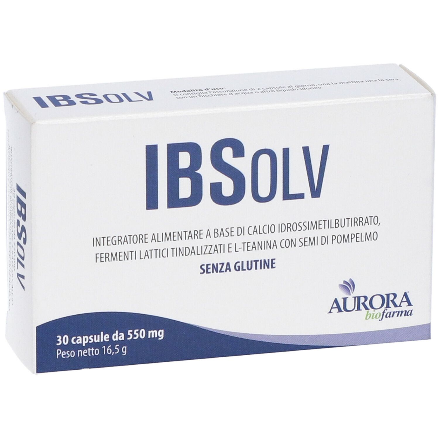 Scatola bianca con testo blu. Scritto: IBSOLV, 30 capsule, Aurora biofarma. Confezione del prodotto.