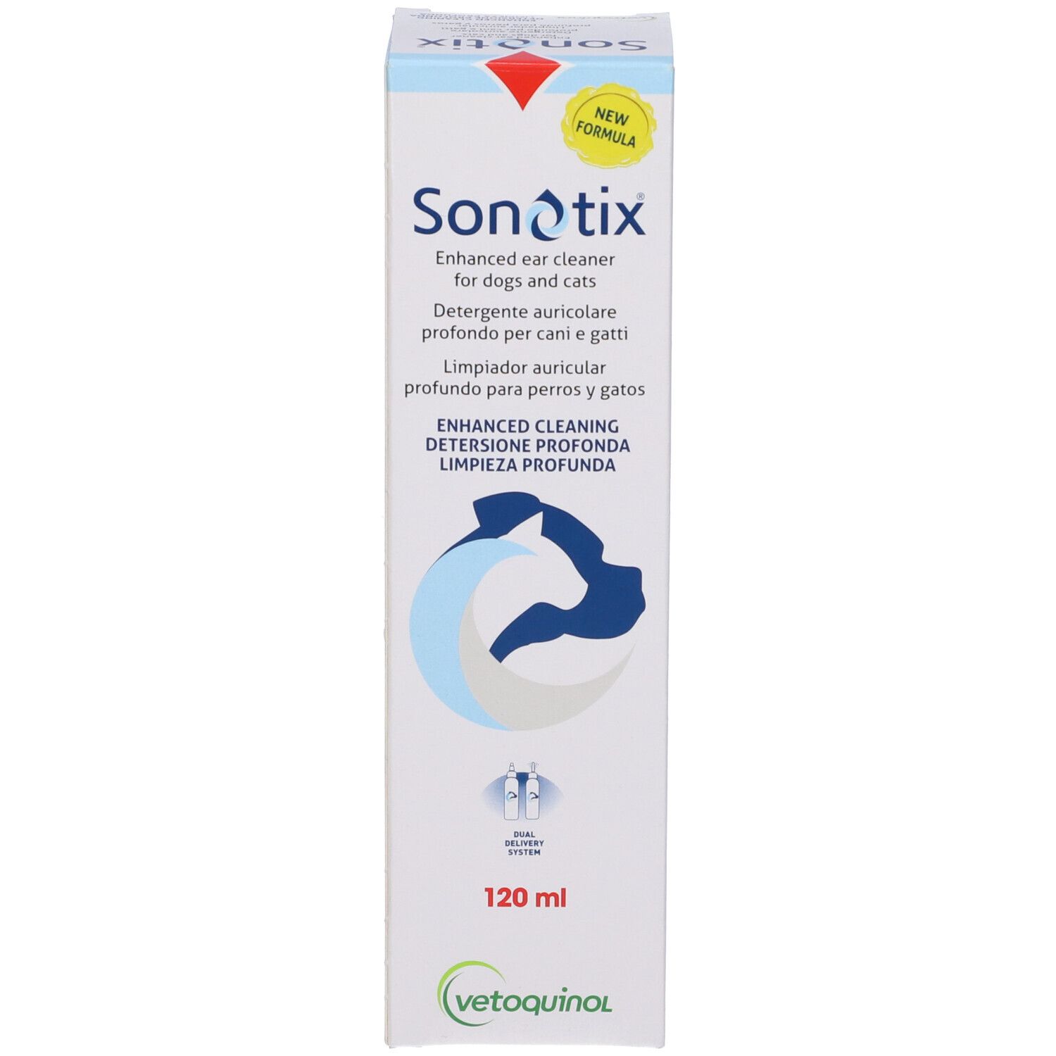 Sonotix Ohrenreiniger für Hunde und Katzen, 120ml Flasche mit Applikator.