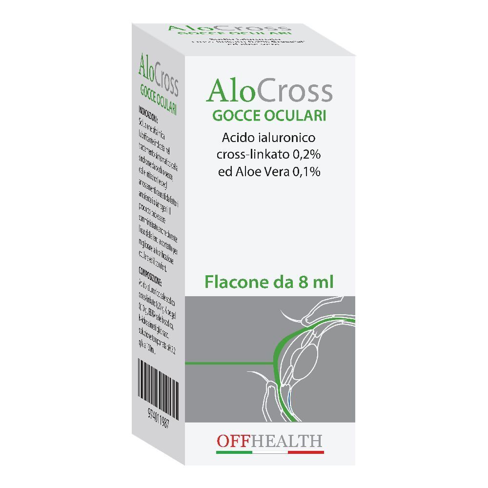 Scatola di AloCross Gocce Oculari. Contiene acido ialuronico e Aloe Vera. Flacone da 8 ml.