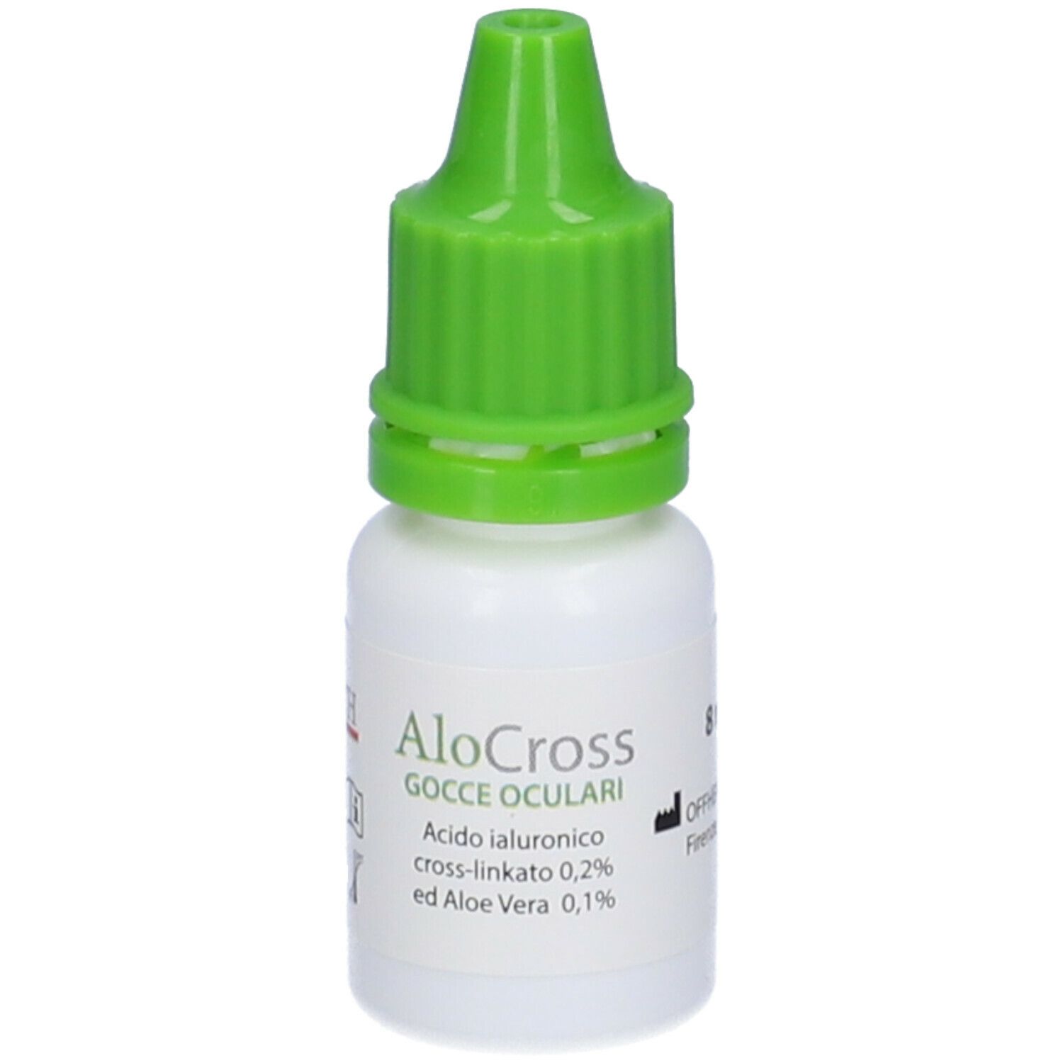 Flacone di gocce oculari con tappo verde. Contiene acido ialuronico e Aloe Vera. Marchio AloCross.